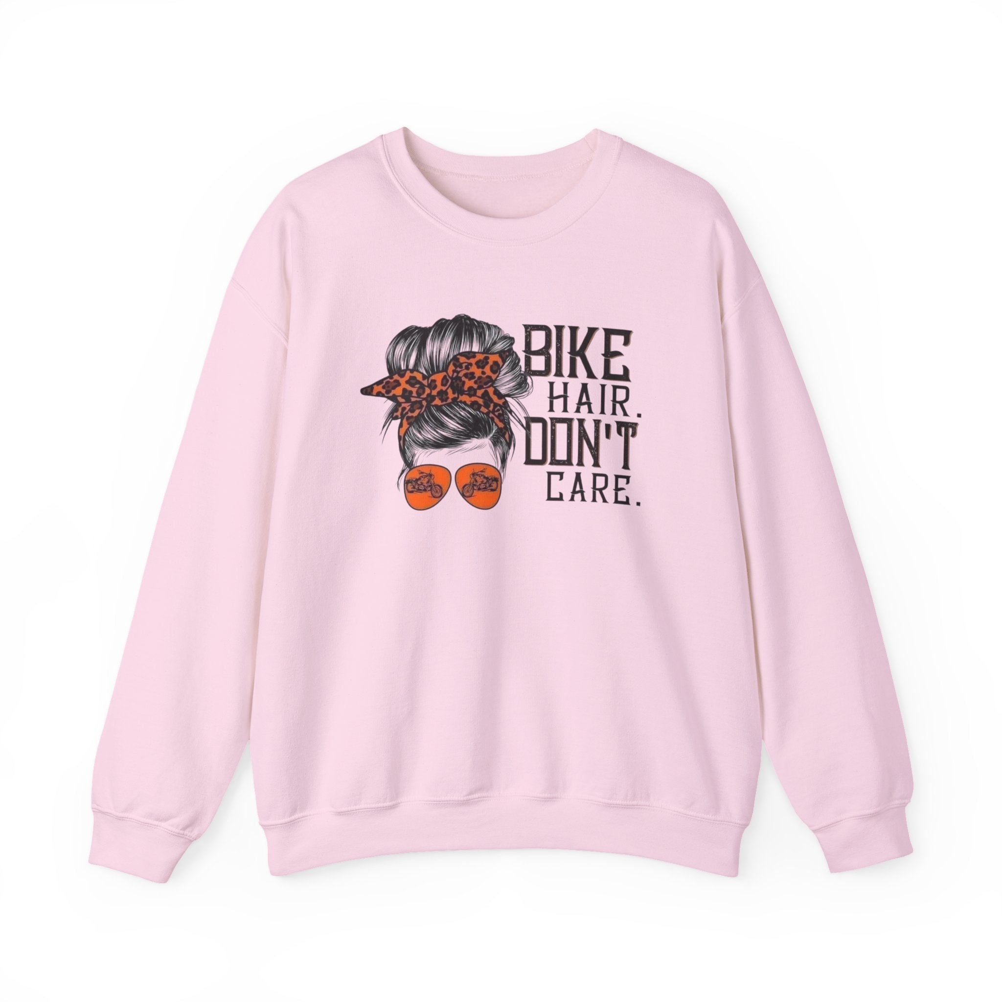 Crewneck Sweatshirt — “Bike Hair Don’t Care” Biker Messy Bun Graphic by Printify
