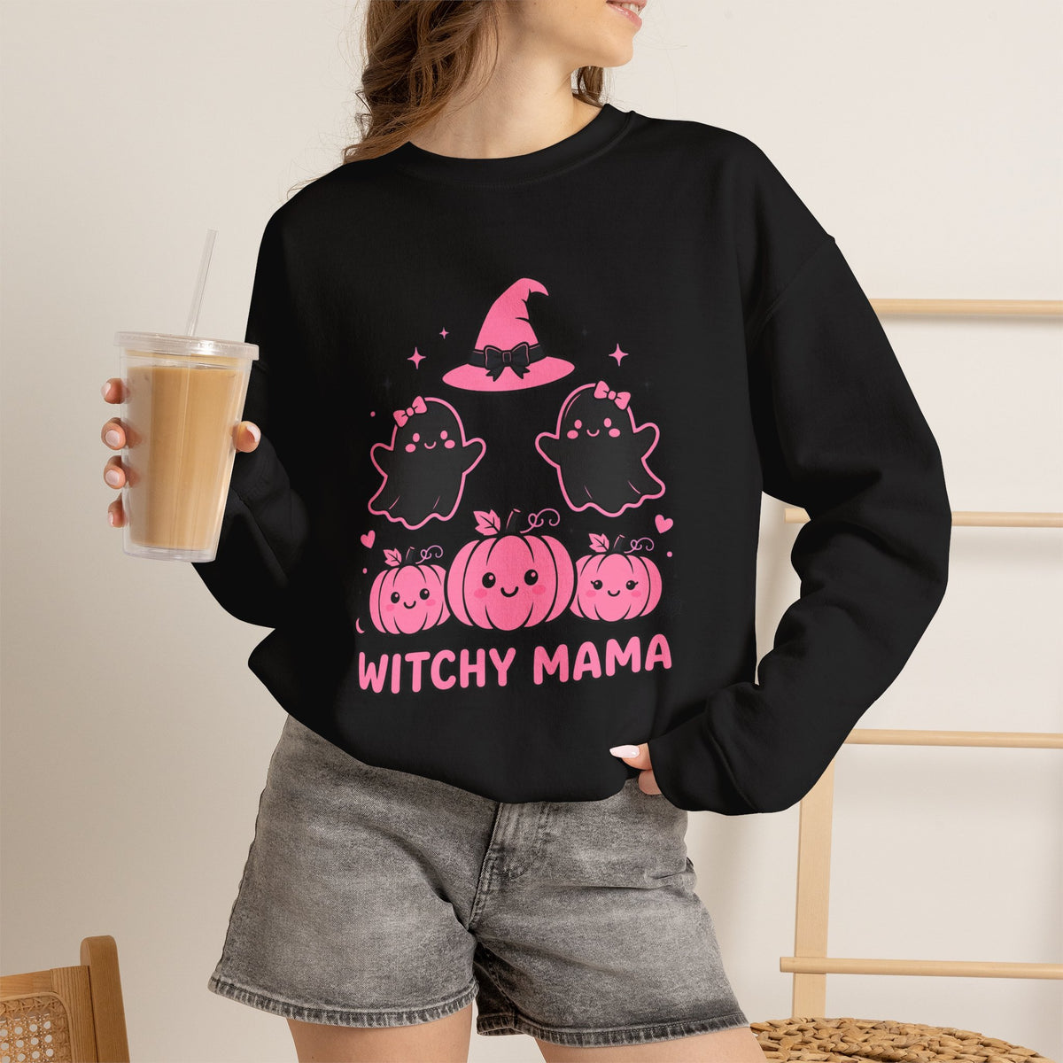 Witchy Mama Sweatshirt — Cute Pink Halloween Witch & Pumpkins Crewneck by Printify