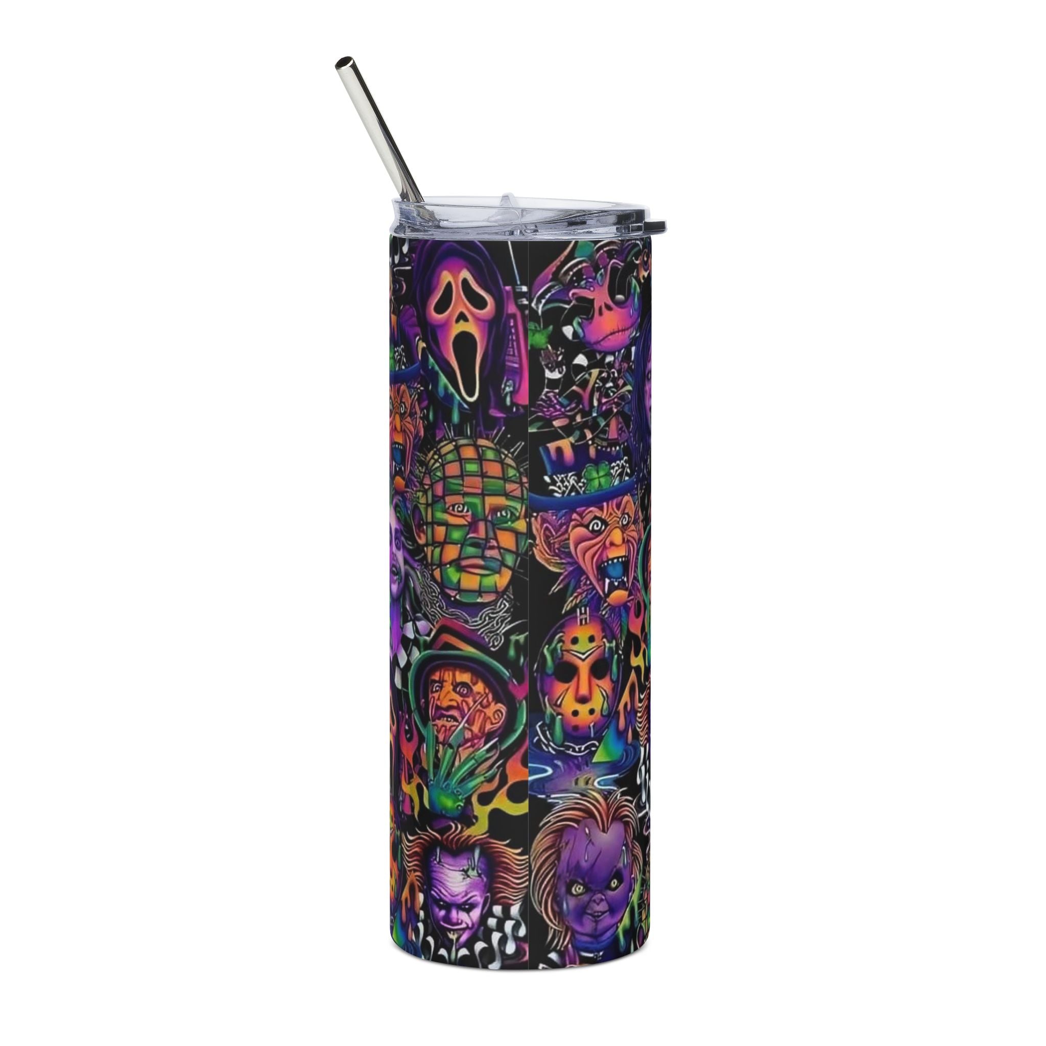 Horror Icons 20oz Stainless Steel Tumbler — Neon Cult Classic Faces Travel Cup by Printify