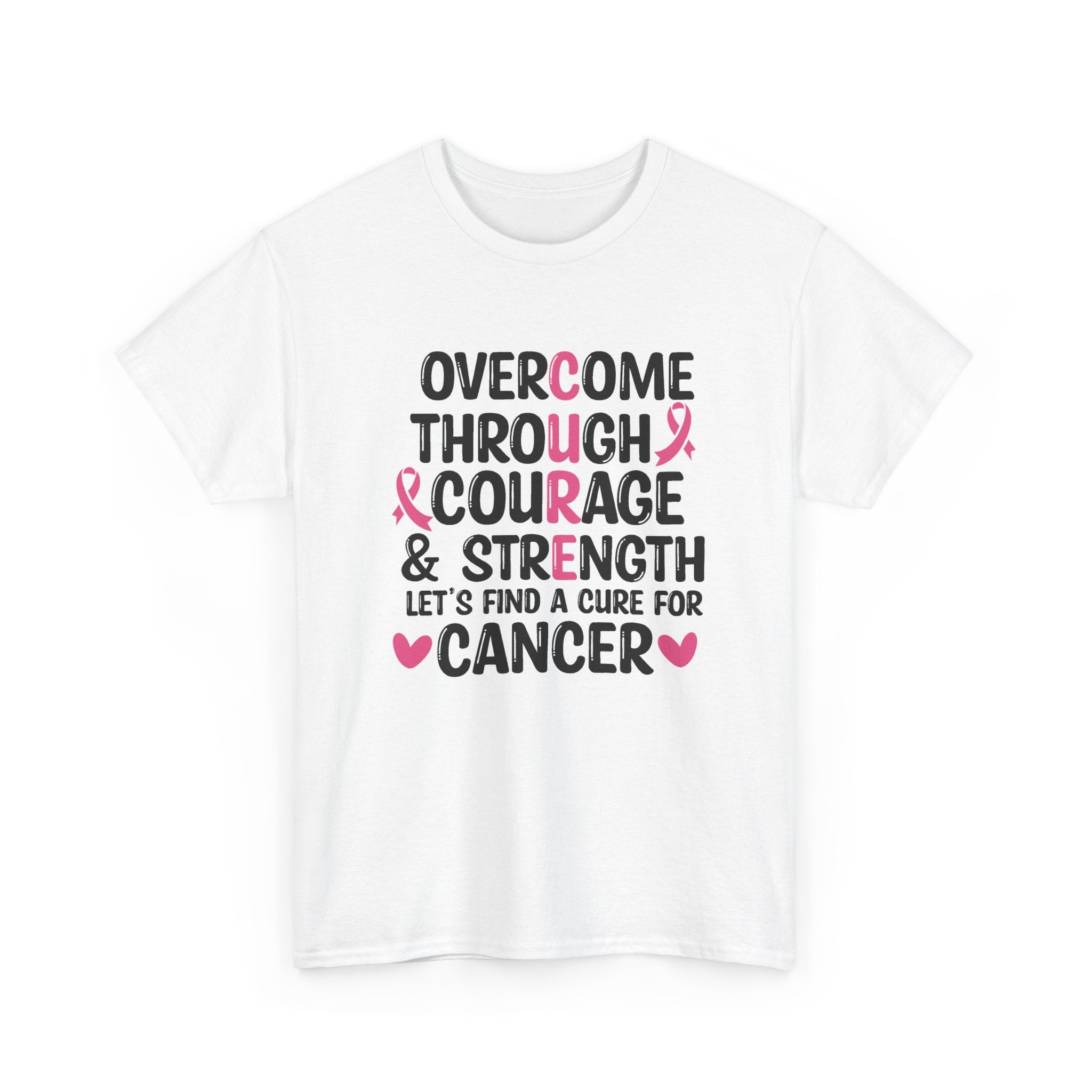 Breast Cancer Awareness Tee — "Overcome Through Courage & Strength" Motivational Shirt by Printify