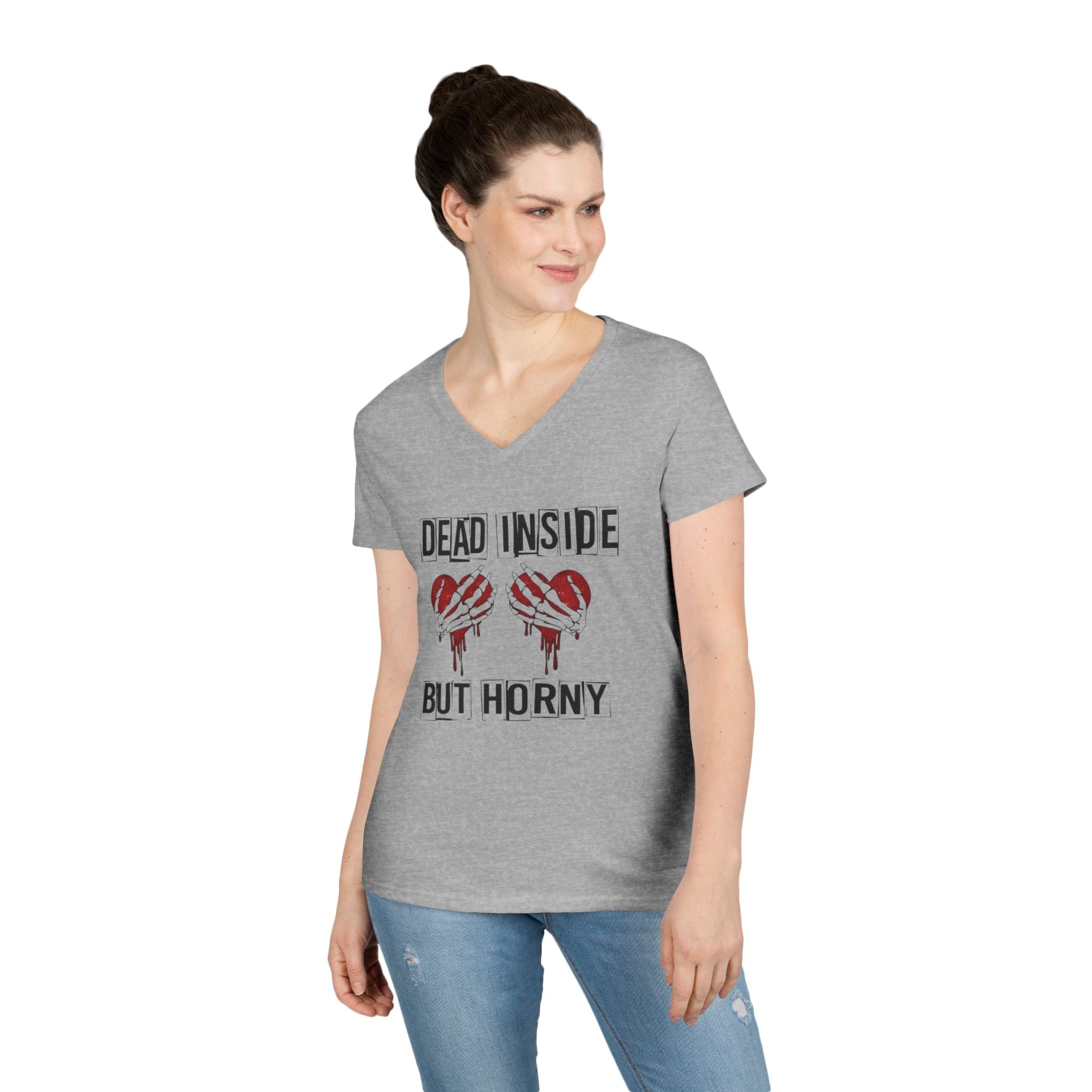 Dead Inside But Romantic — Funny Valentine's Day V-Neck T-Shirt by Printify