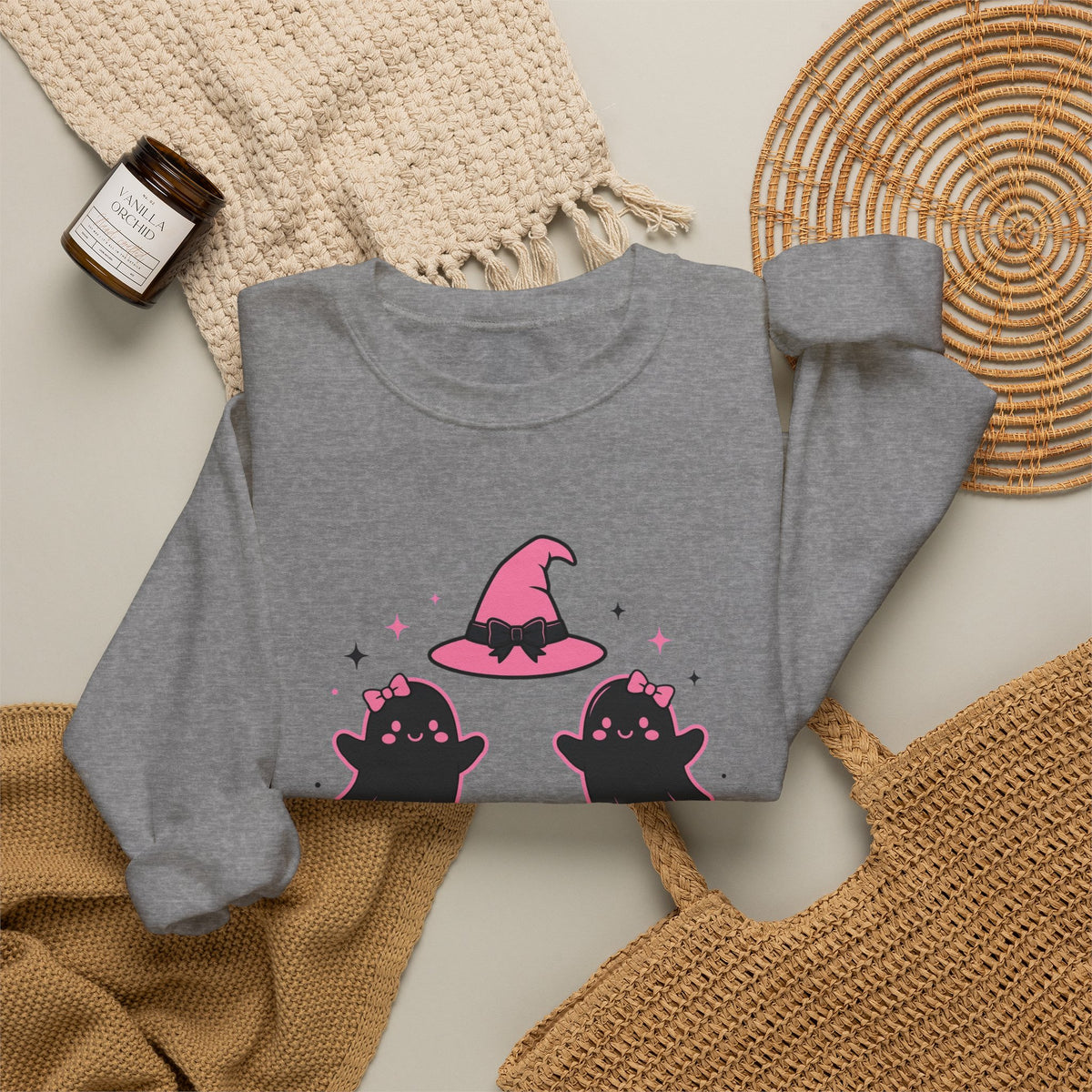 Witchy Mama Sweatshirt — Cute Pink Halloween Witch & Pumpkins Crewneck by Printify