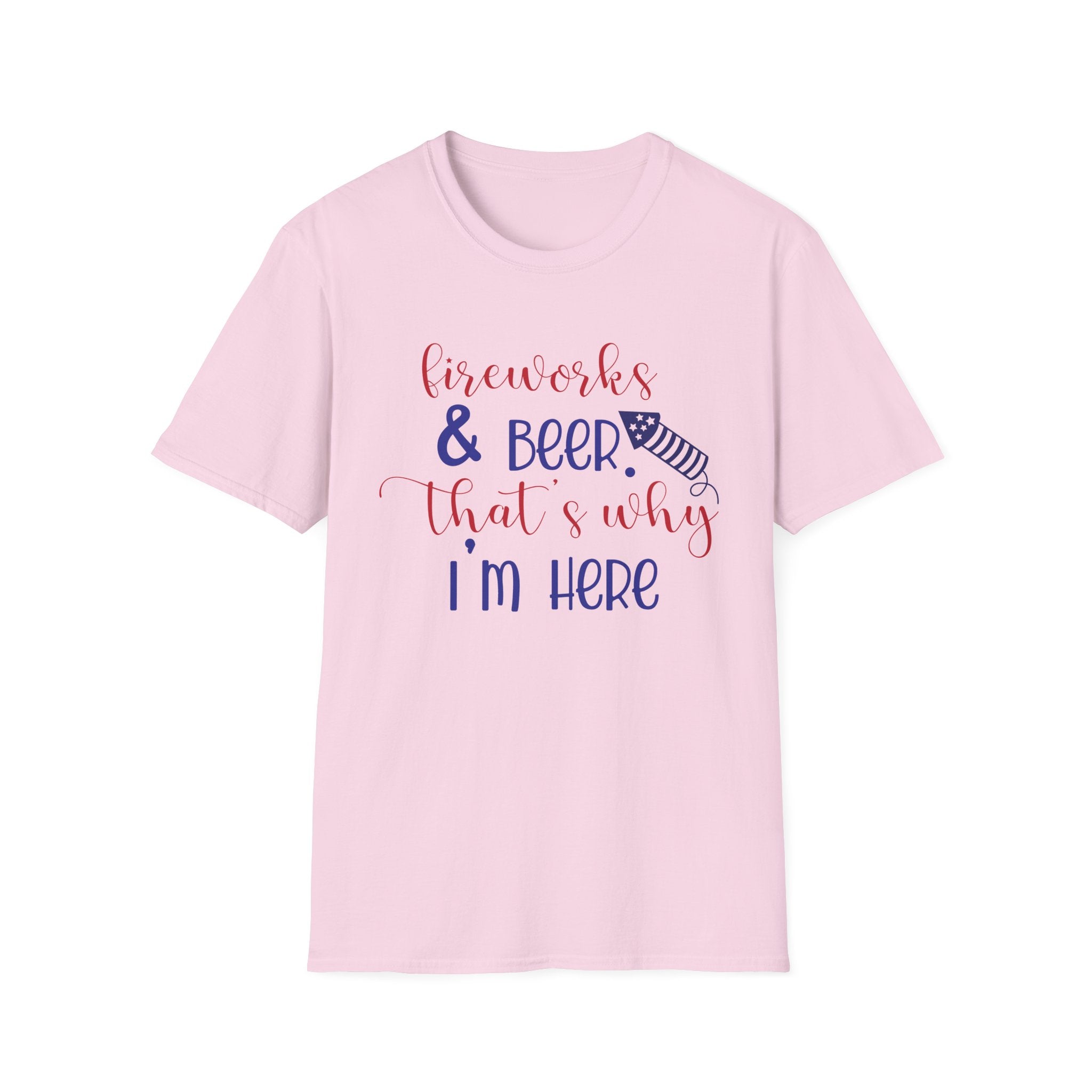 Fireworks & Beer Unisex Softstyle T-Shirt, 4th of July Shirt, Summer BBQ Tee, Celebration Outfit, Casual Party Wear by Printify