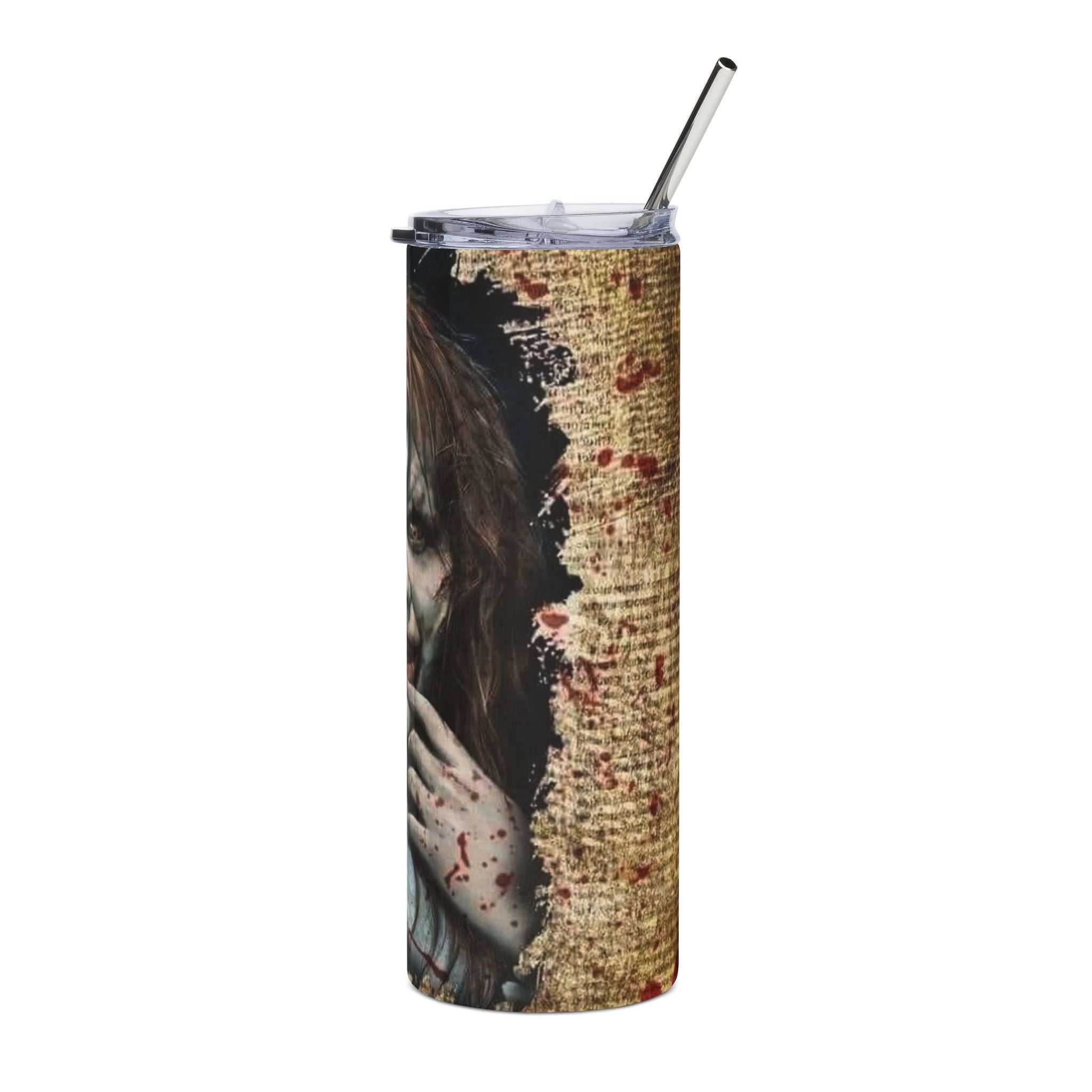 Horror Mask 20oz Stainless Steel Tumbler — Creepy Doll & Blood-Splatter Design by Printify