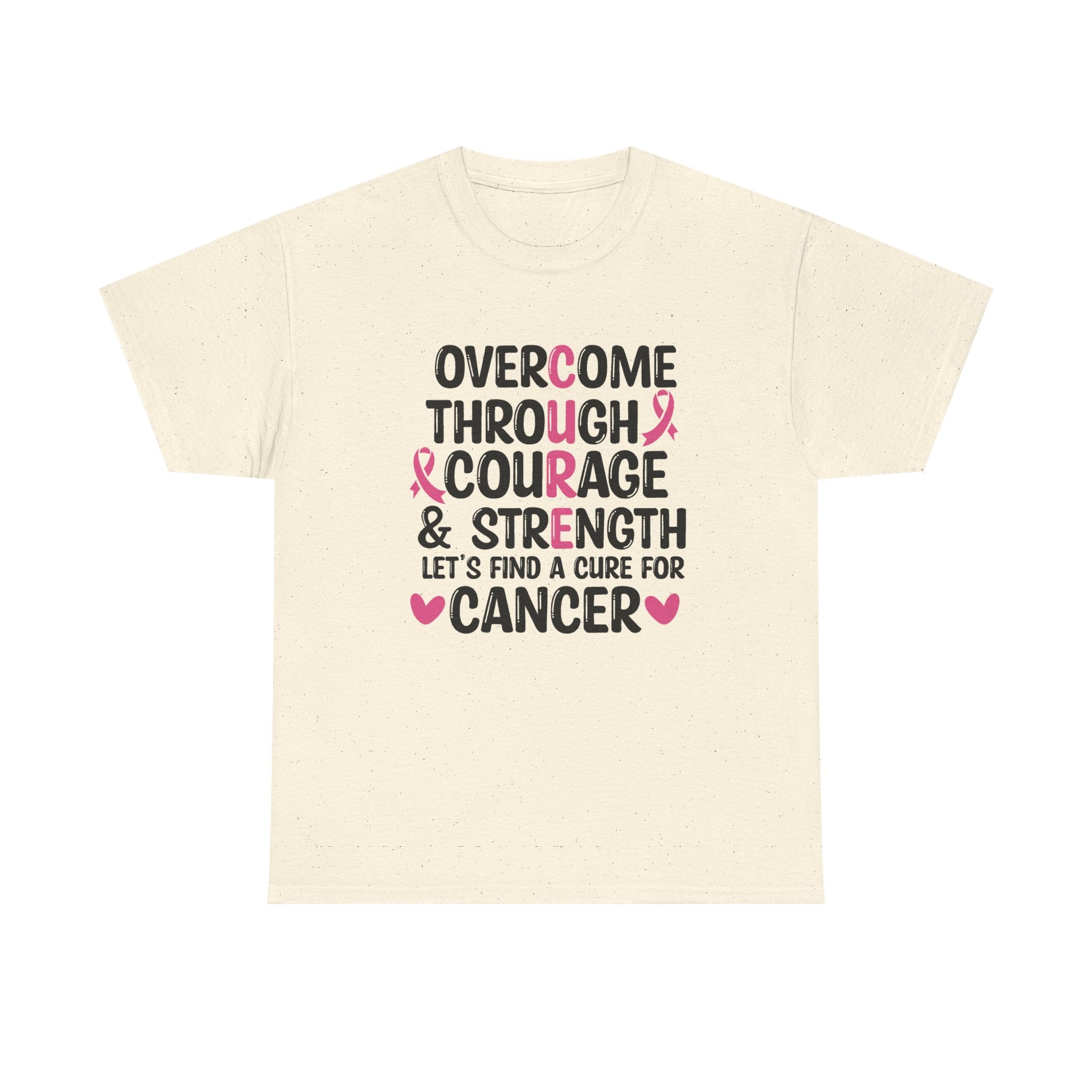Breast Cancer Awareness Tee — "Overcome Through Courage & Strength" Motivational Shirt by Printify