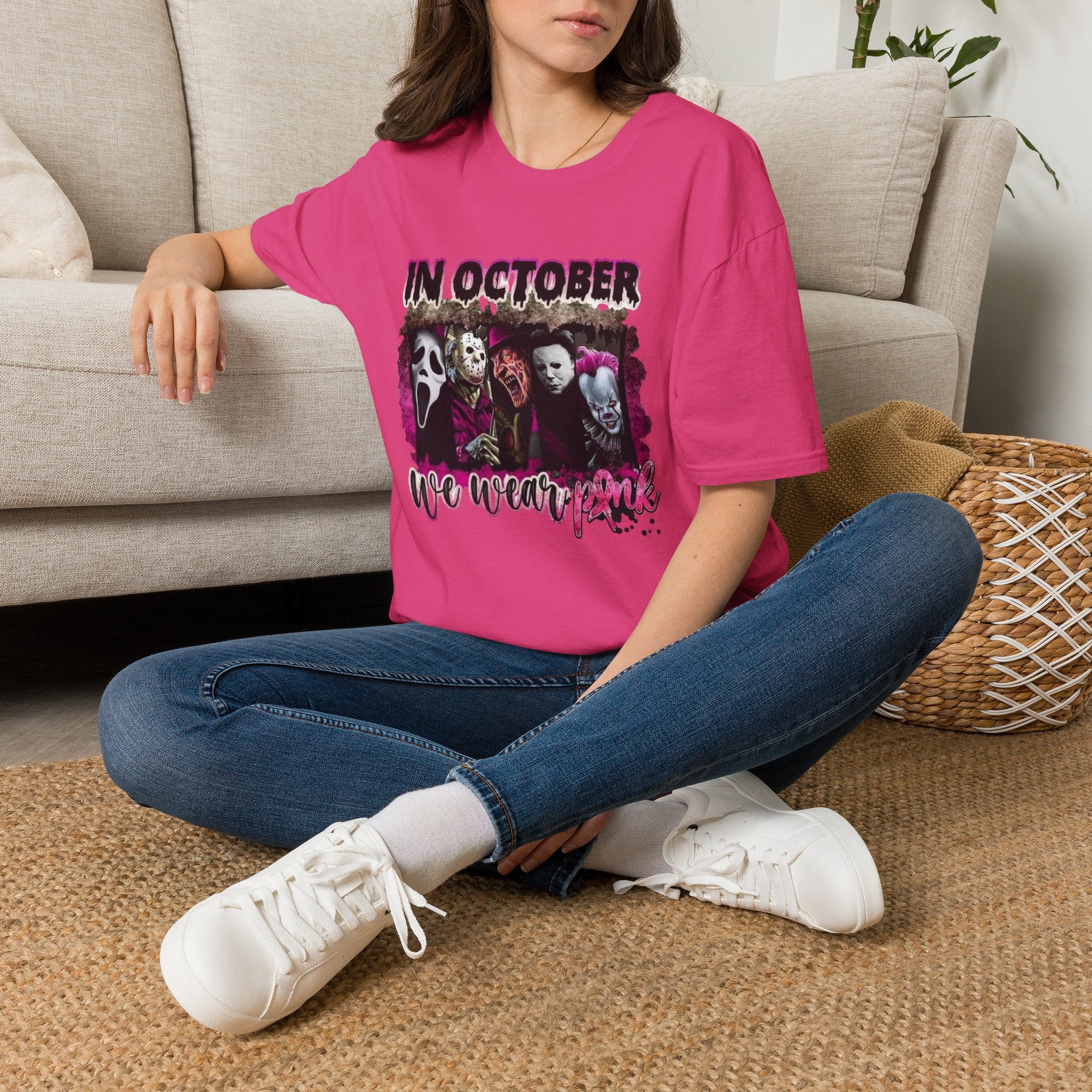 Horror Icons "In October We Wear Pink" T-Shirt by Printify