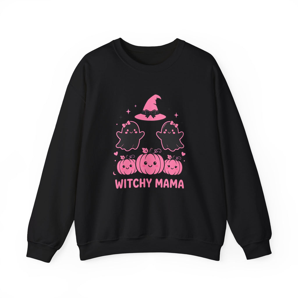 Witchy Mama Sweatshirt — Cute Pink Halloween Witch & Pumpkins Crewneck by Printify
