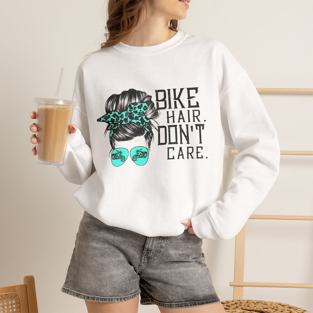 Sweatshirt — "Bike Hair Don’t Care" Graphic Crewneck by Printify