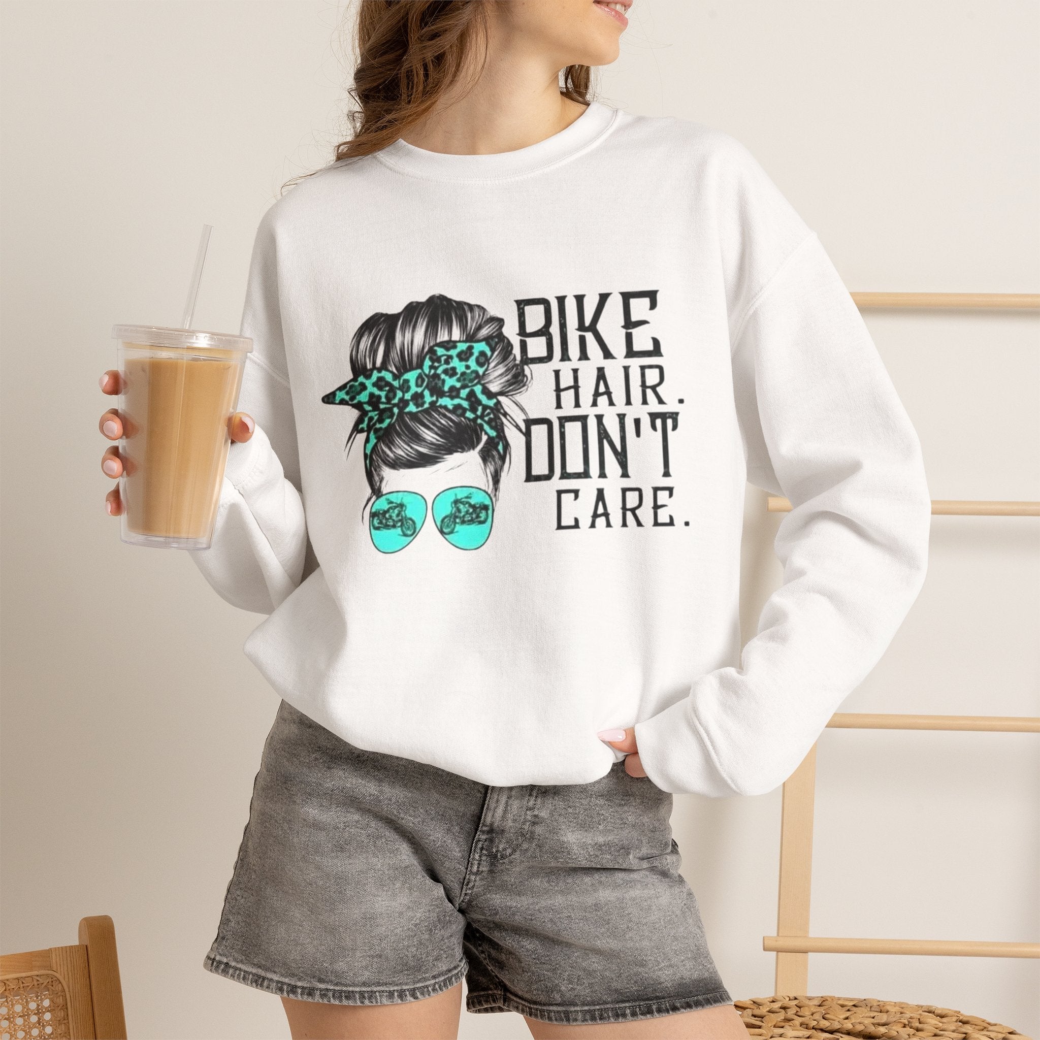 Sweatshirt — "Bike Hair Don’t Care" Graphic Crewneck by Printify