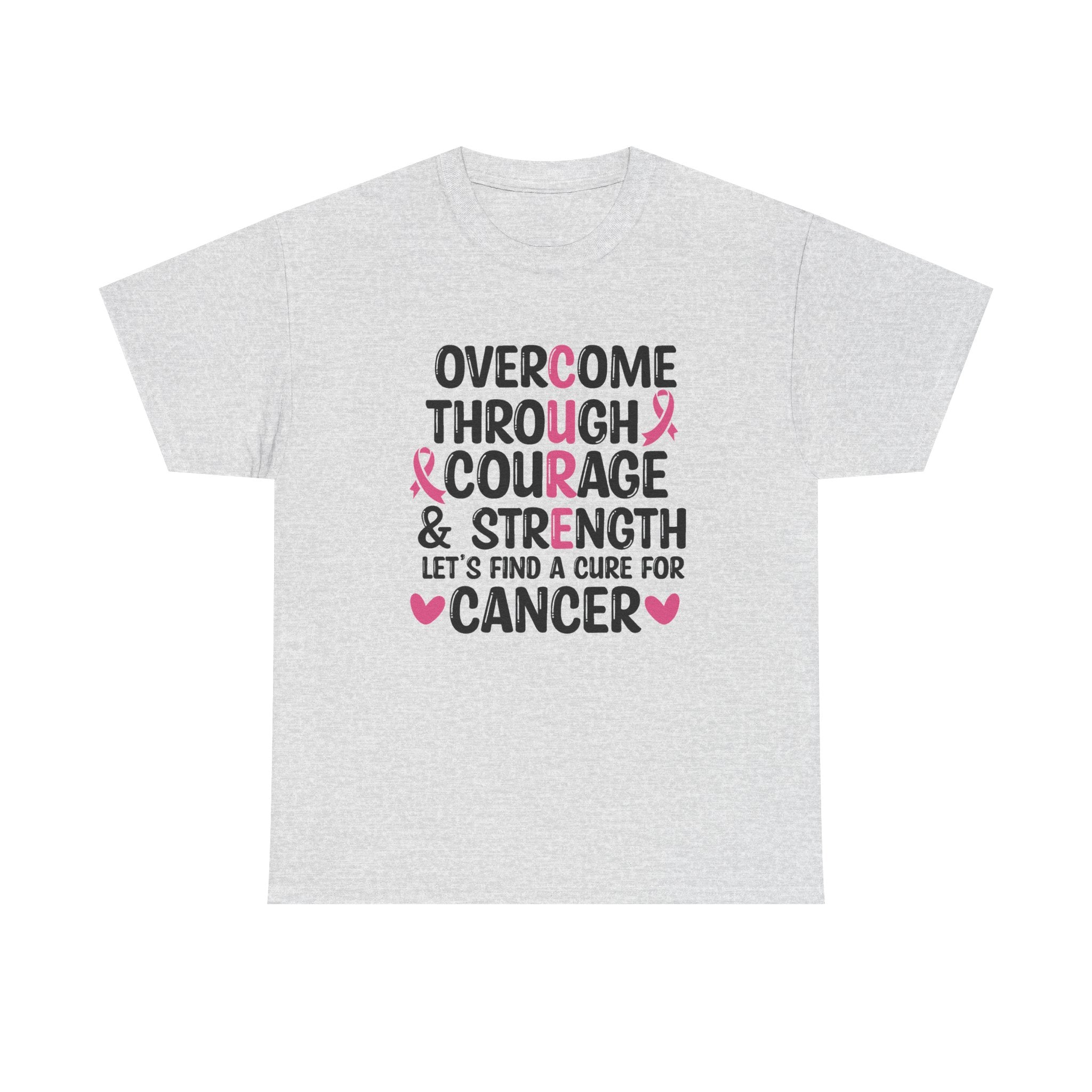Breast Cancer Awareness Tee — "Overcome Through Courage & Strength" Motivational Shirt by Printify