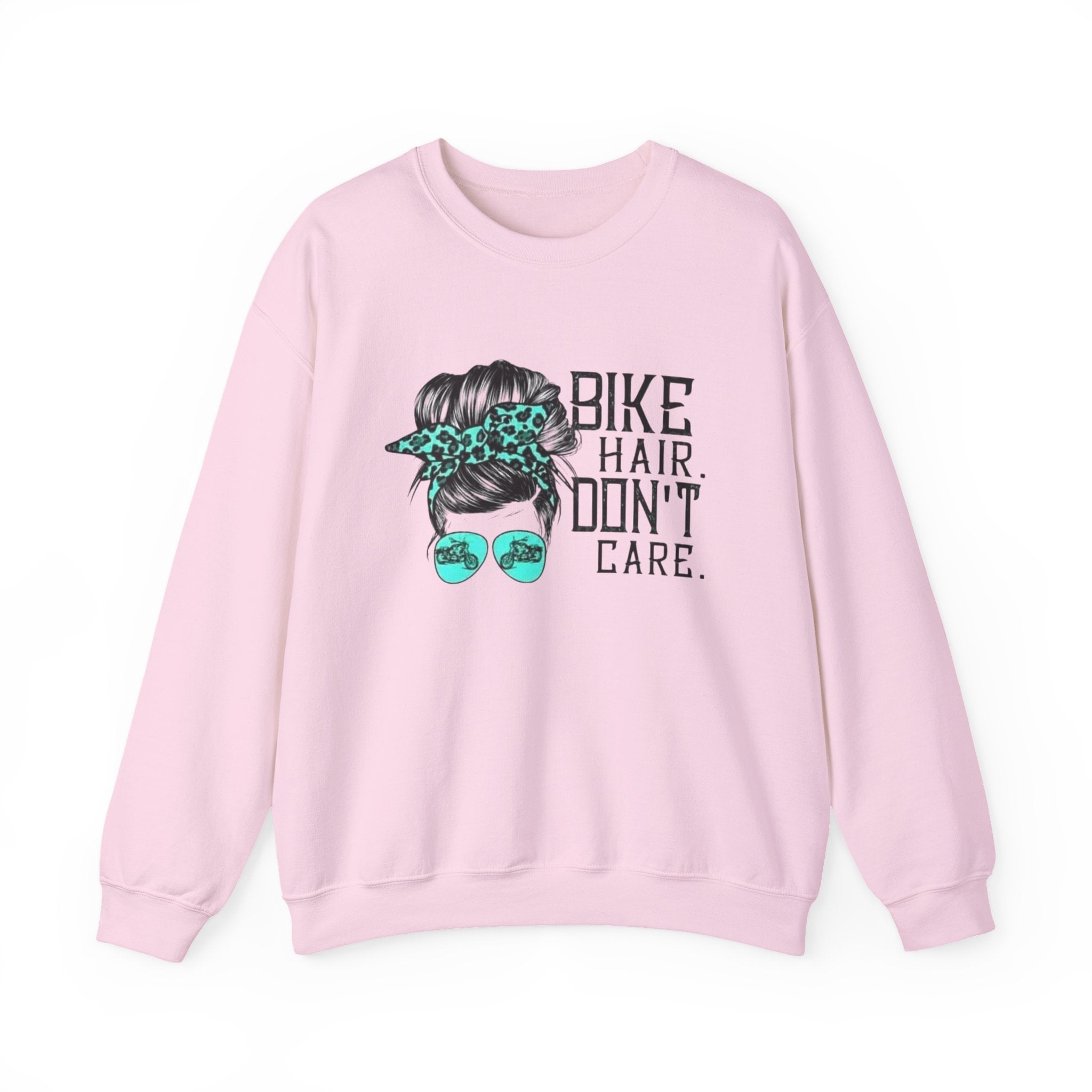 Sweatshirt — "Bike Hair Don’t Care" Graphic Crewneck by Printify