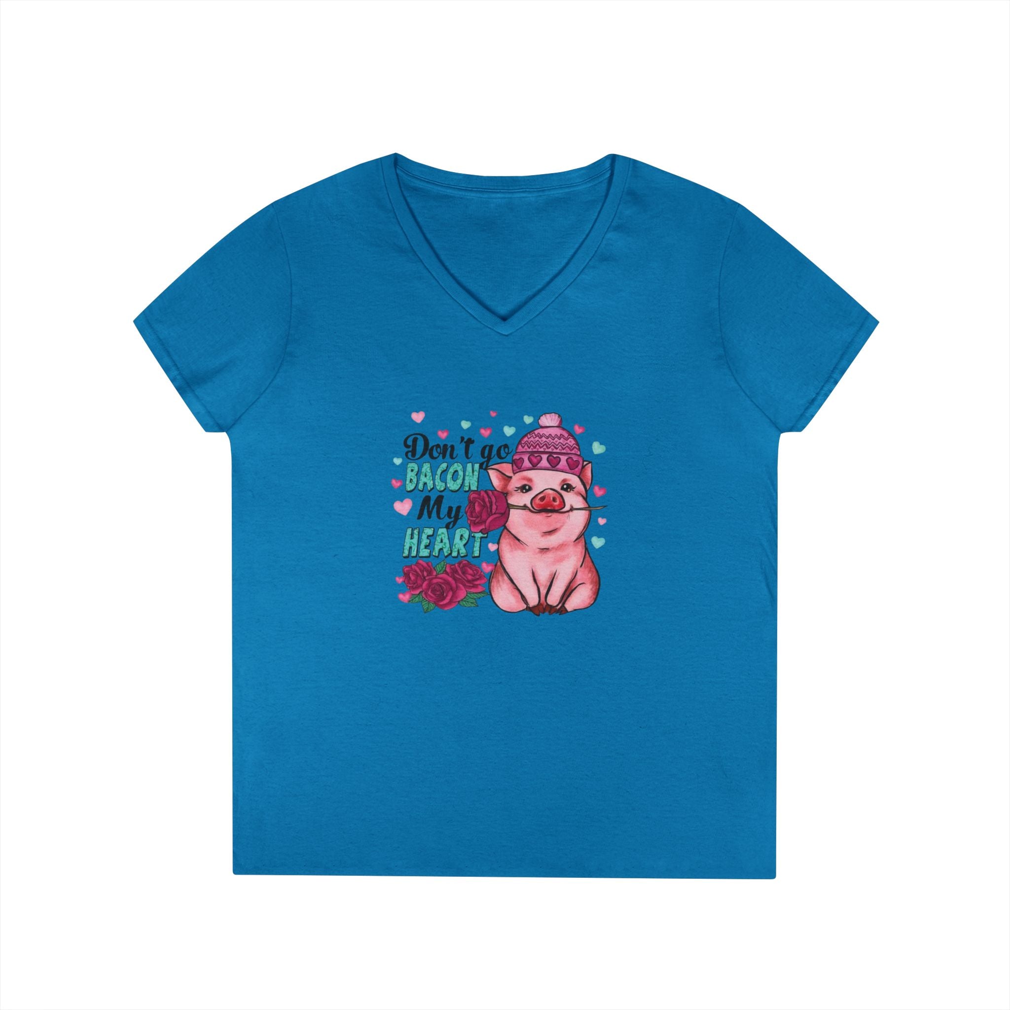 Valentine's Ladies V-Neck T-Shirt, Bacon Heart Shirt, Love Graphic Tee, Valentine's Day Gift, Funny Food Lover Top by Printify