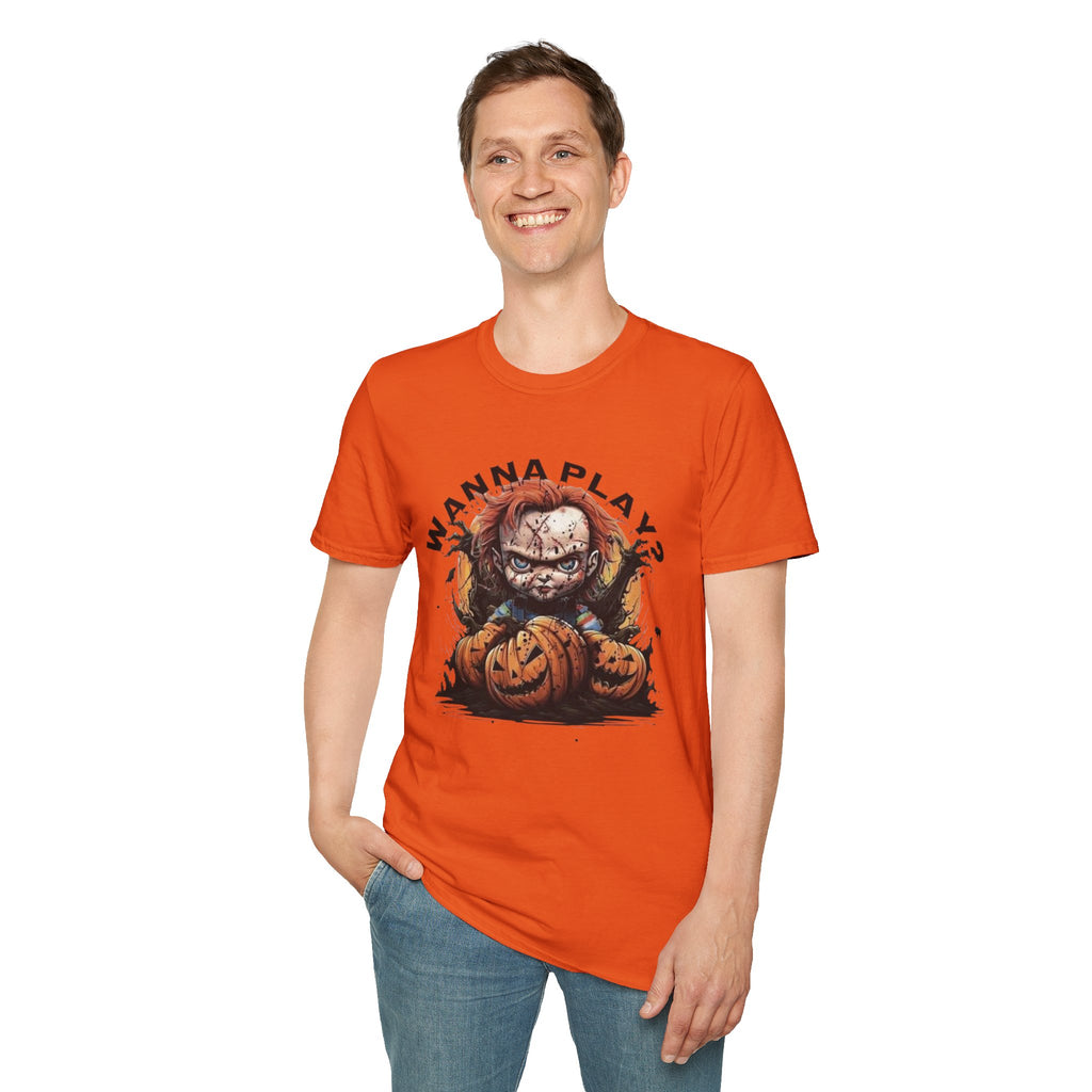 Horror Doll "Wanna Play?" T-Shirt by Printify