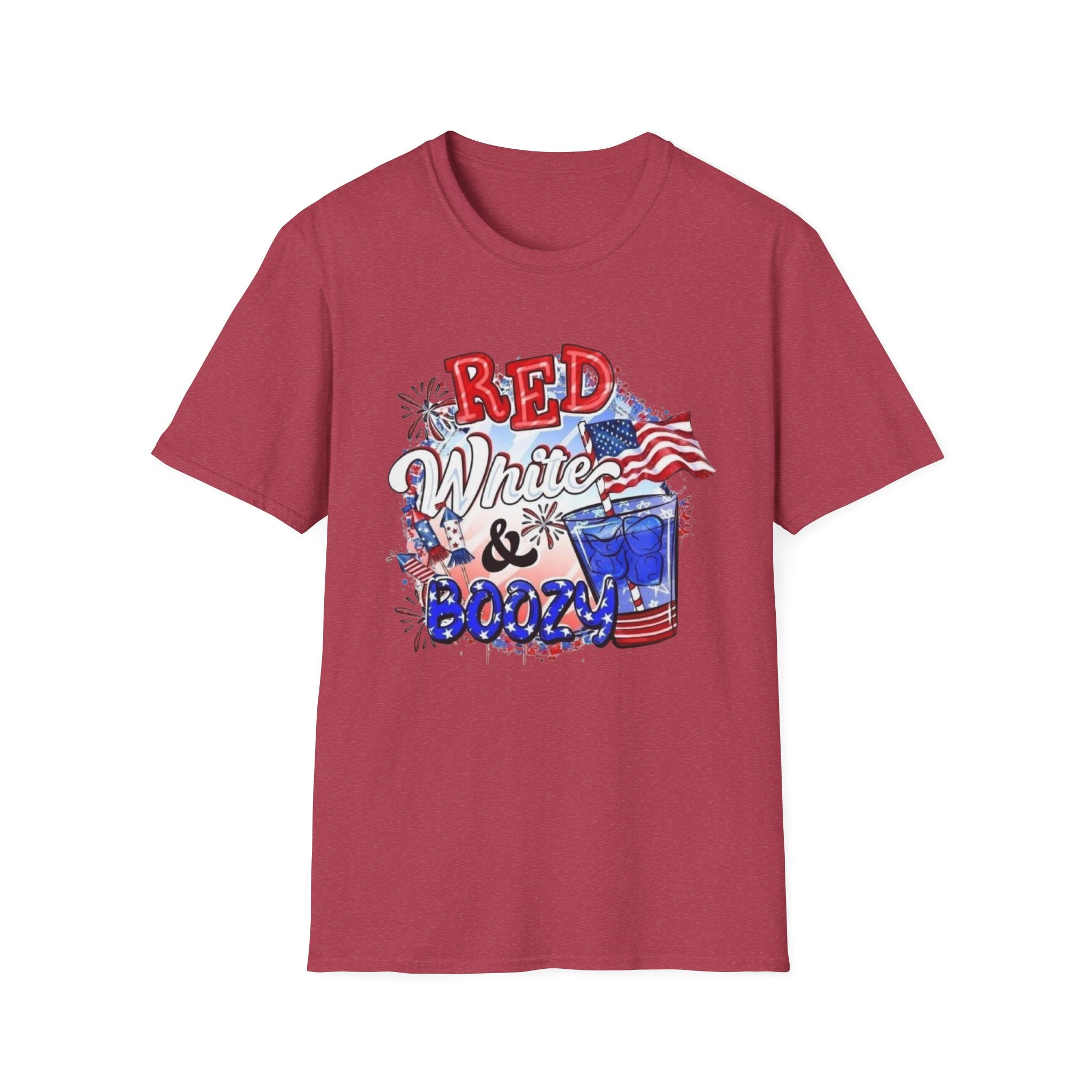 Red, White & Boozy Unisex Softstyle T-Shirt | Patriotic Tee, Independence Day Shirt, Summer Party Wear, BBQ Outfit, Casual Gift by Printify