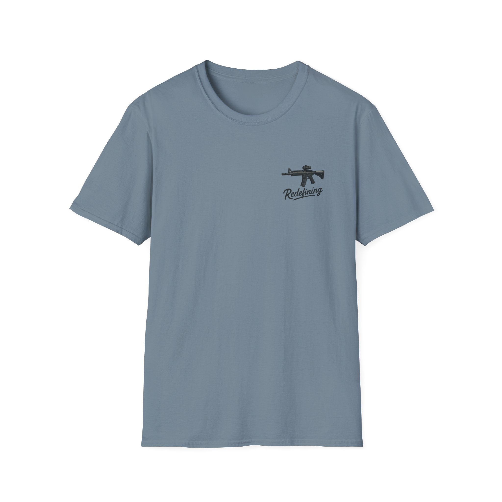 T-Shirt — 'Redefining' Rifle Graphic Pocket Tee by Printify