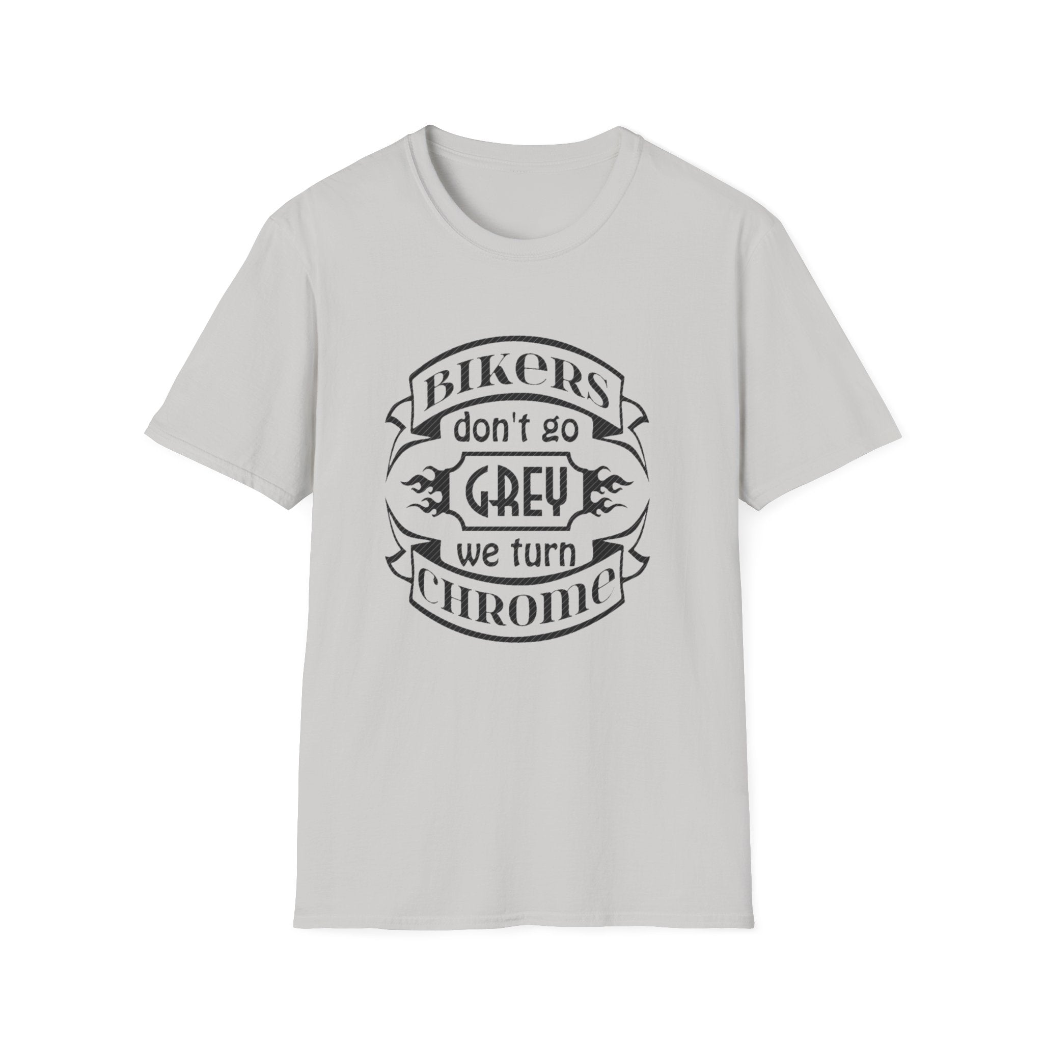 Biker T-Shirt — "Bikers Don't Go Grey, We Turn Chrome" Vintage Motorcycle Tee by Printify
