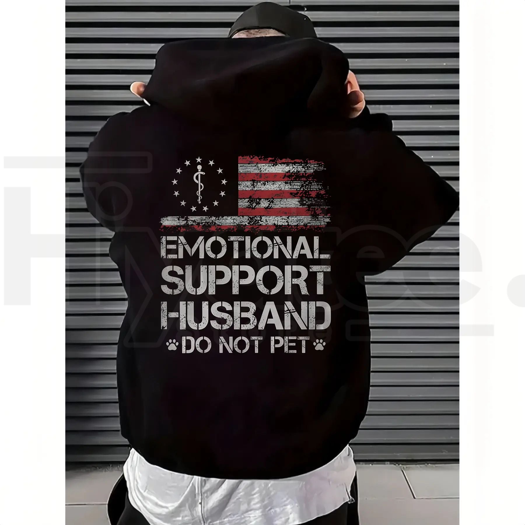"Emotional Support Husband" – USA Flag Motif Graphic Apparel by Hiyatee