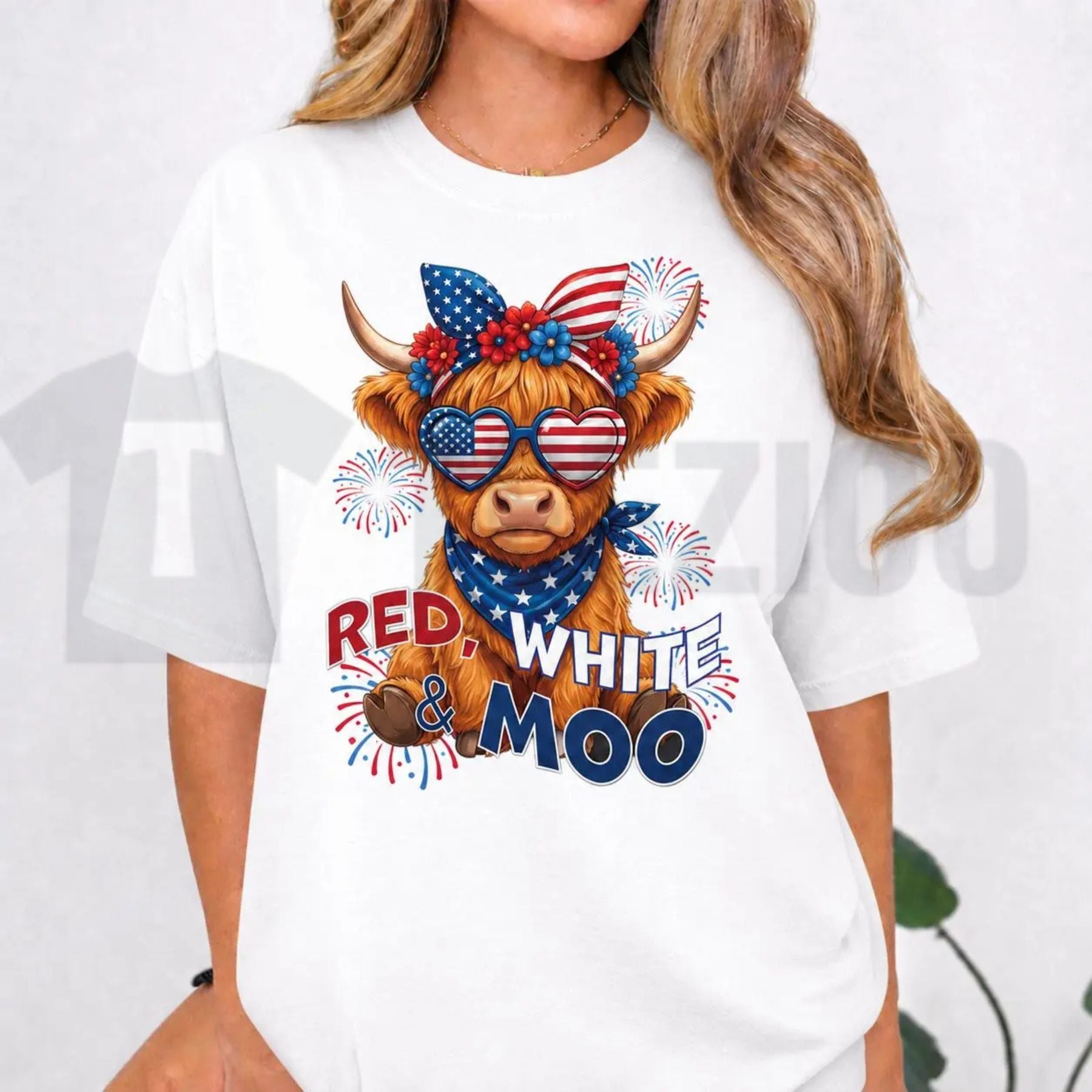 Red White and Moo Highland Cow Cute 4th of July Patriotic Graphic T-Shirt by Teezioo