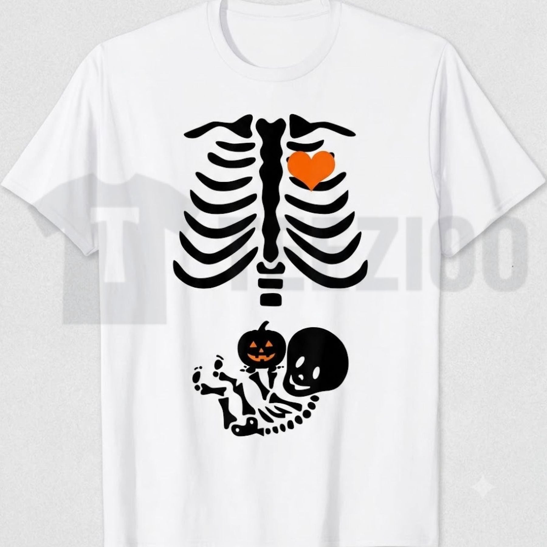 Skeleton Baby Rib Cage Maternity Funny Halloween Pregnant Pumpkin Graphic T-Shirt by Teezioo