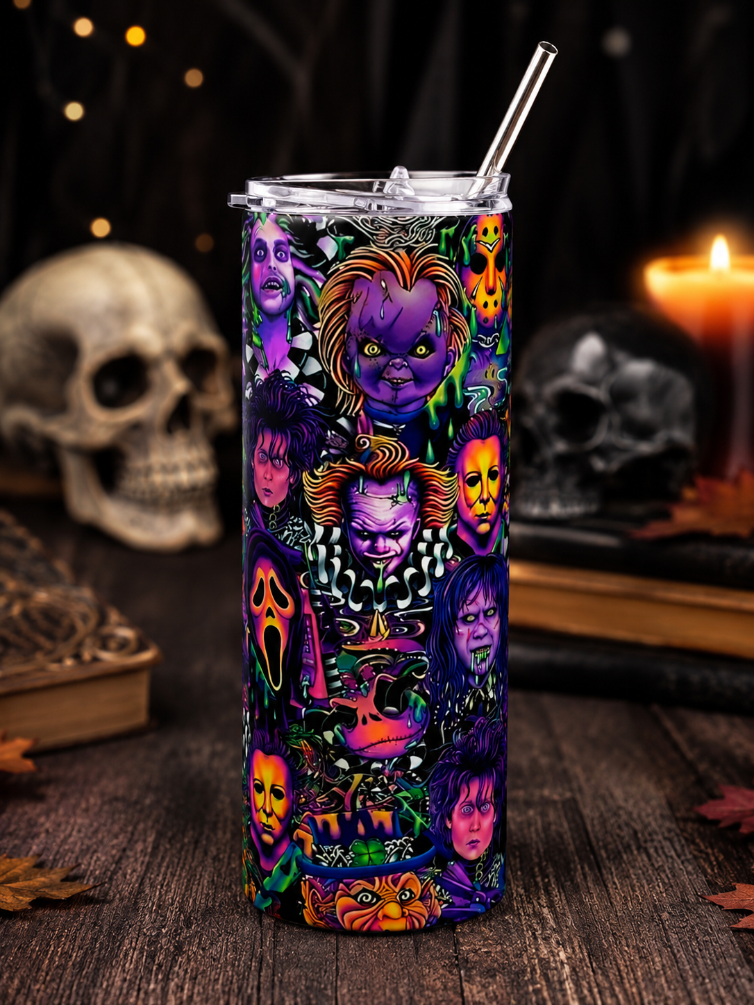 Horror Icons 20oz Stainless Steel Tumbler — Neon Cult Classic Faces Travel Cup by Printify