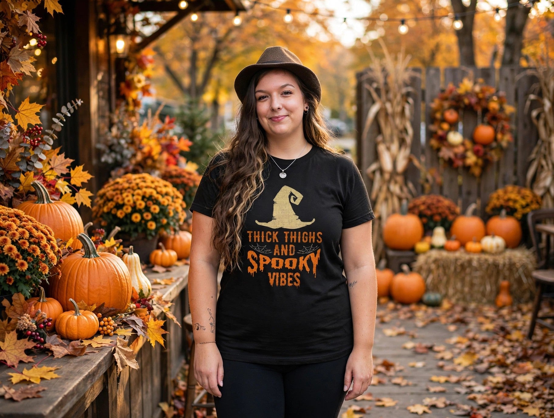 Women's Tee — "Thick Thighs and Spooky Vibes" Halloween Witch Shirt by Printify