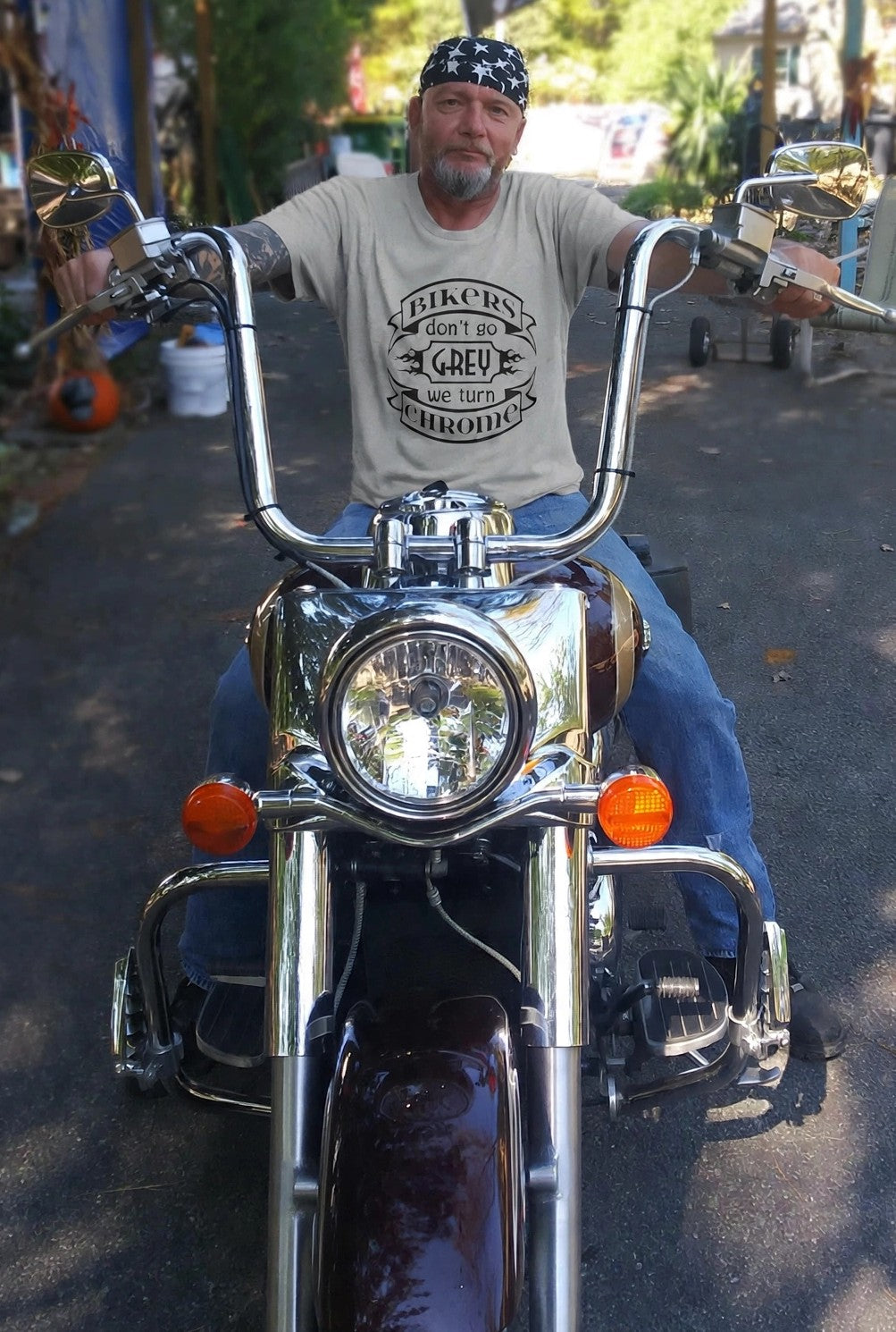 Biker T-Shirt — "Bikers Don't Go Grey, We Turn Chrome" Vintage Motorcycle Tee by Printify