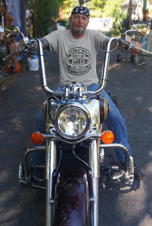 Biker T-Shirt — "Bikers Don't Go Grey, We Turn Chrome" Vintage Motorcycle Tee by Printify