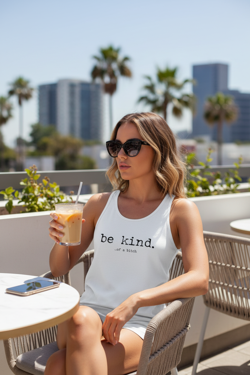 Be Kind Women's Racerback Tank, Quirky funny Inspirational Tank Top, Workout Wear, Summer Shirt, Fit & Stylish Activewear by Printify