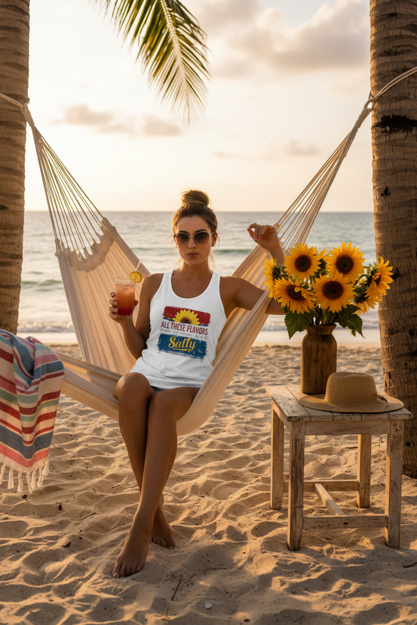 Salty Flavors Racerback Tank Top, Casual Summer Shirt, Beach Wear, Gift for Friends, Fun Party Top, Outdoor Activities by Printify