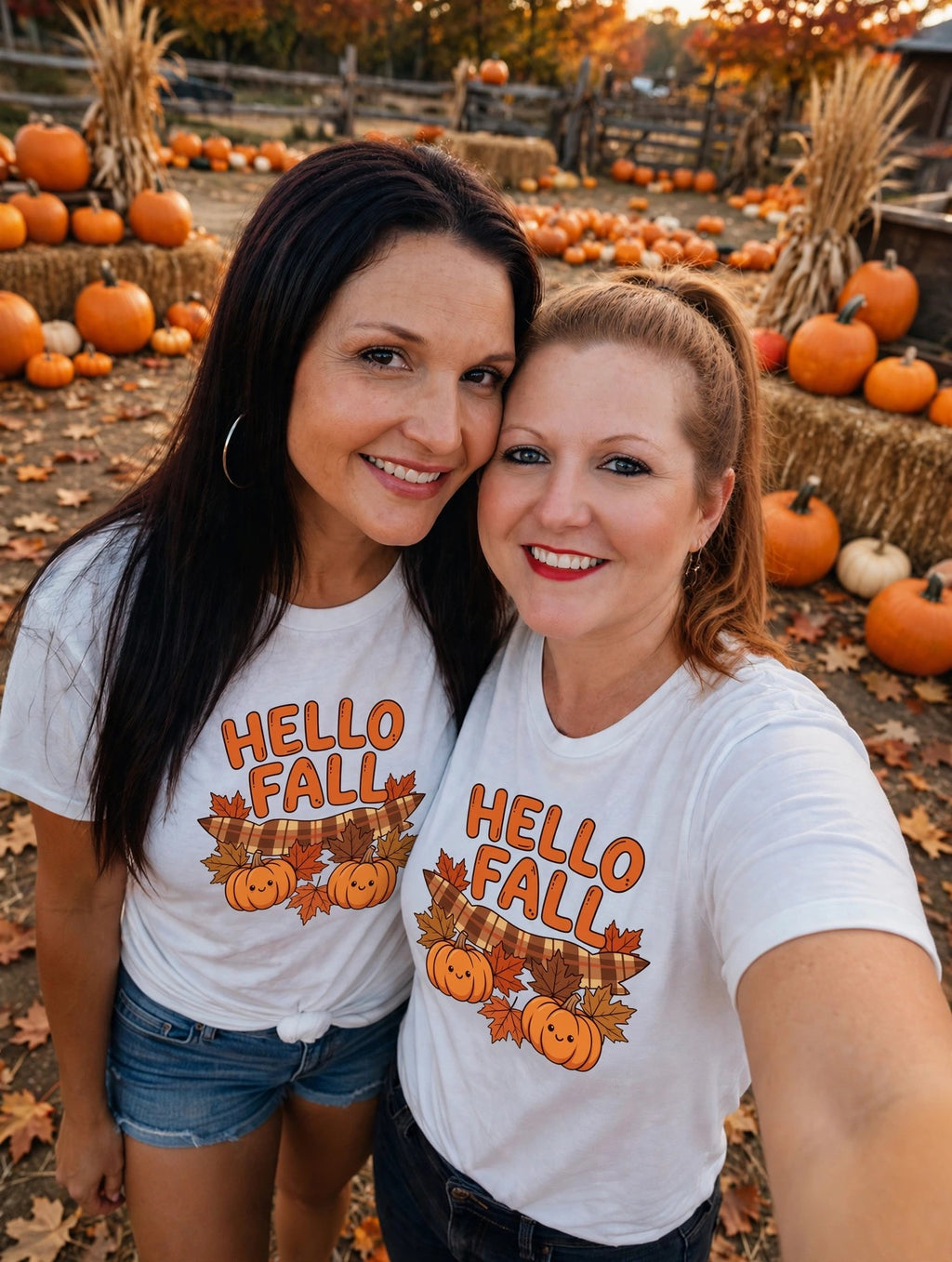 Hello Fall T-Shirt — Cute Pumpkin & Plaid Leaves Autumn Tee by Printify
