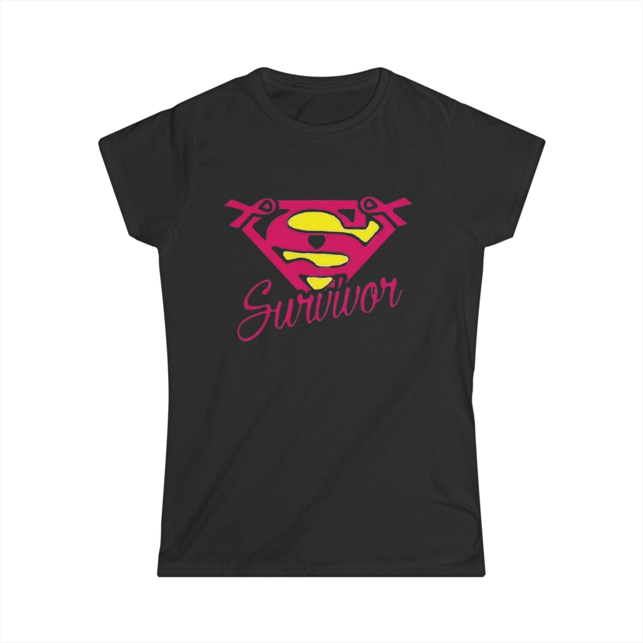Survivor Super S Women's Tee — Breast Cancer Awareness Pink & Yellow Emblem by Printify