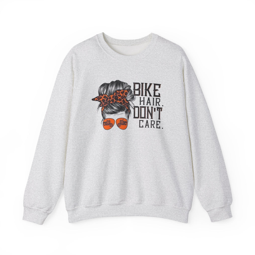 Crewneck Sweatshirt — “Bike Hair Don’t Care” Biker Messy Bun Graphic by Printify