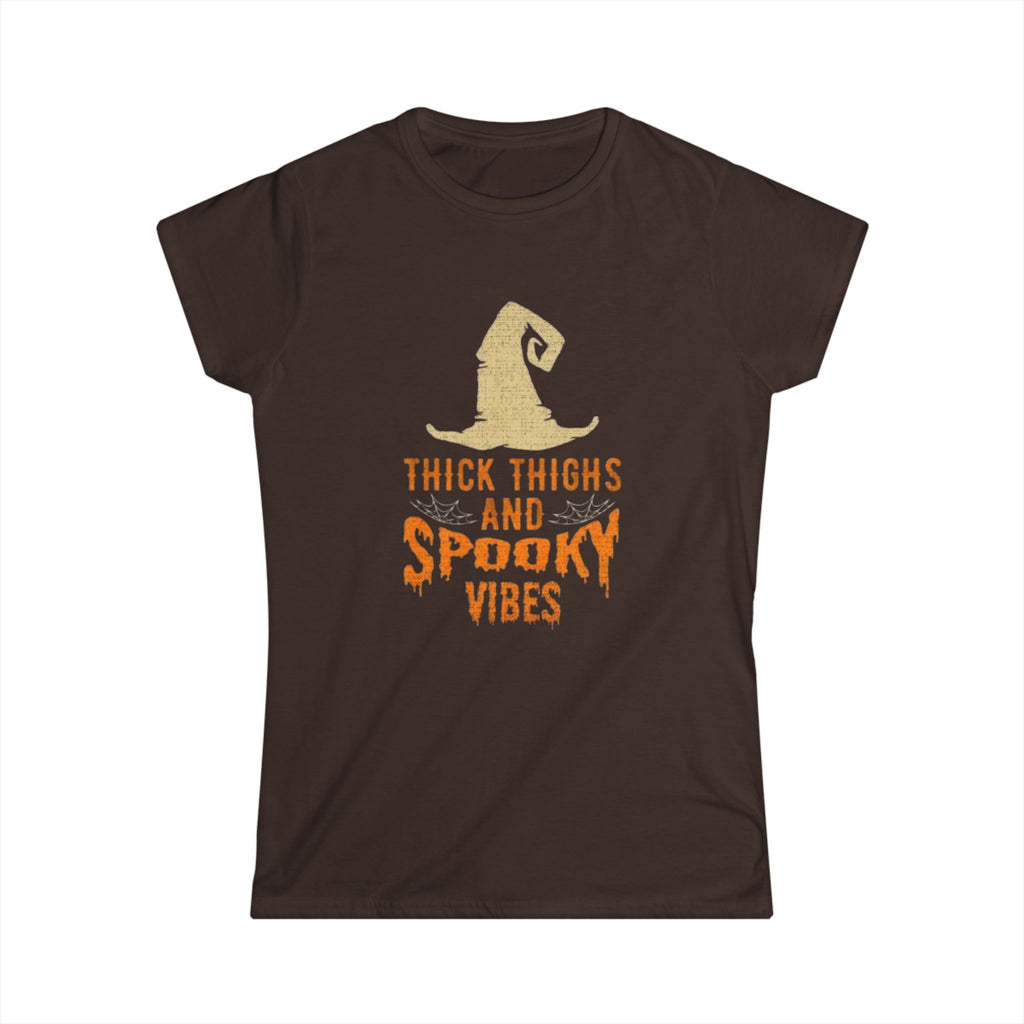 Women's Tee — "Thick Thighs and Spooky Vibes" Halloween Witch Shirt by Printify