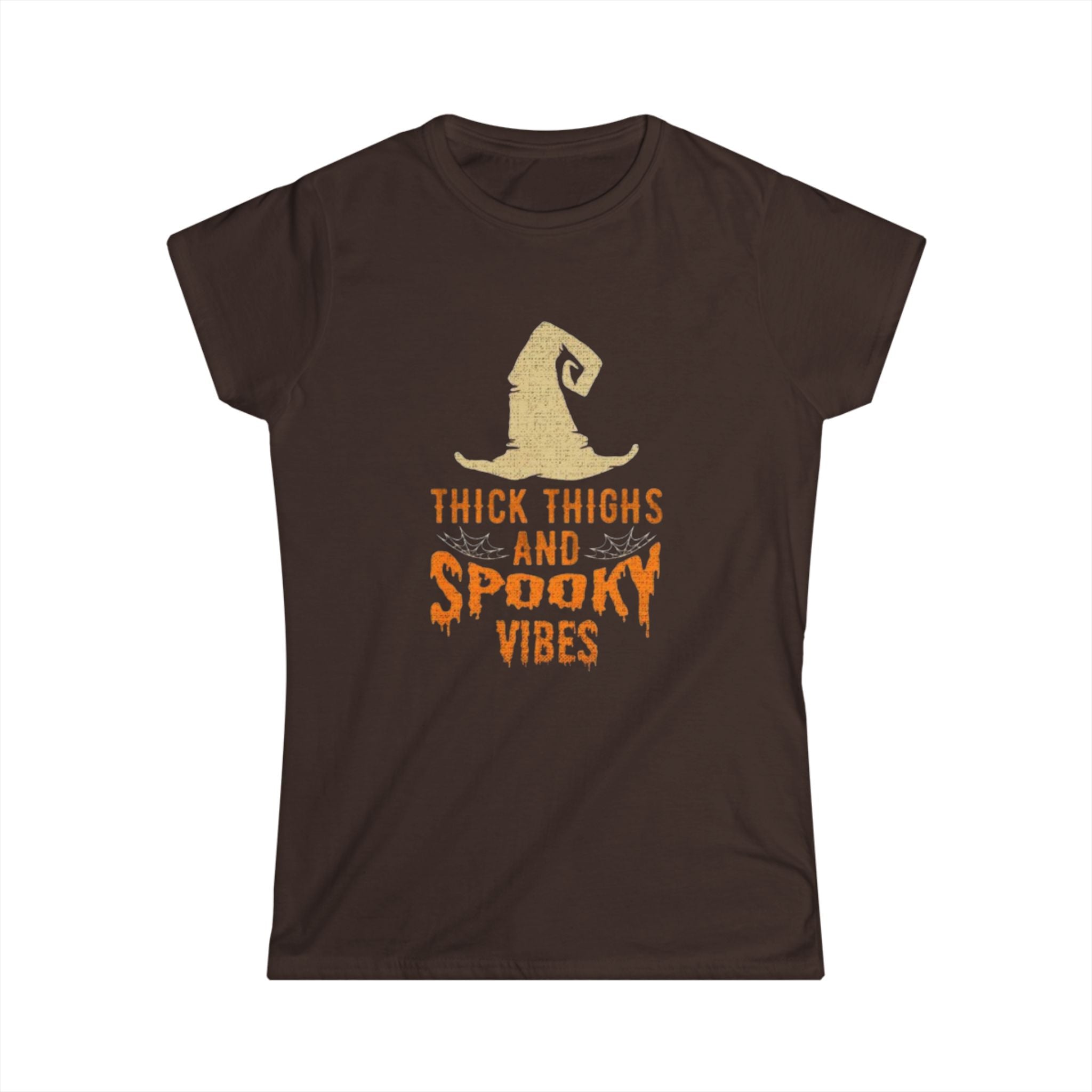Women's Tee — "Thick Thighs and Spooky Vibes" Halloween Witch Shirt by Printify