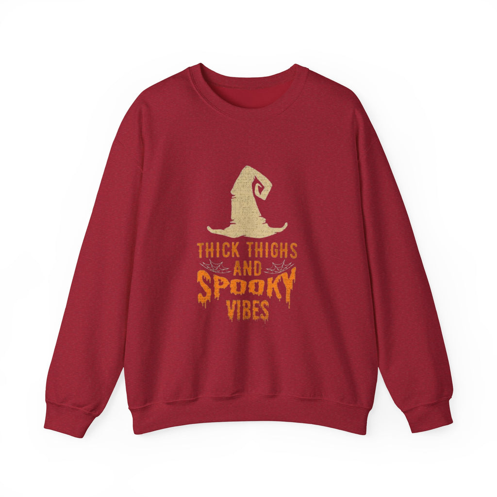 Spooky Vibes Sweatshirt — "Thick Thighs and Spooky Vibes" Halloween Crewneck by Printify