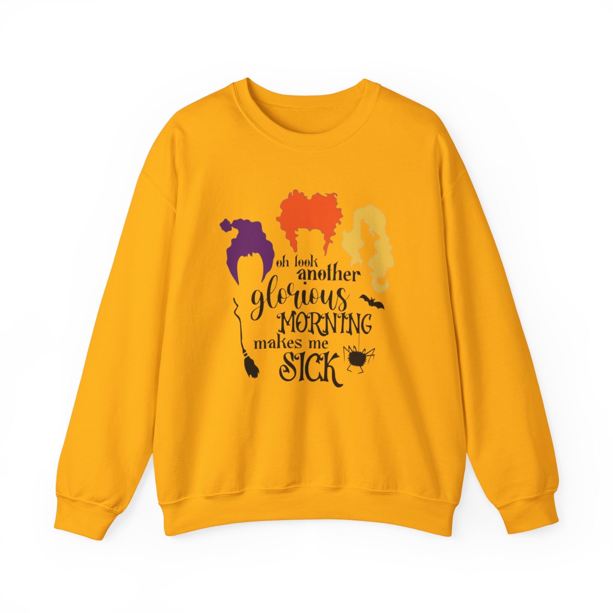 Crewneck Sweatshirt — “Another Glorious Morning Makes Me Sick” Hocus Pocus Witch Silhouette Pullover by Printify