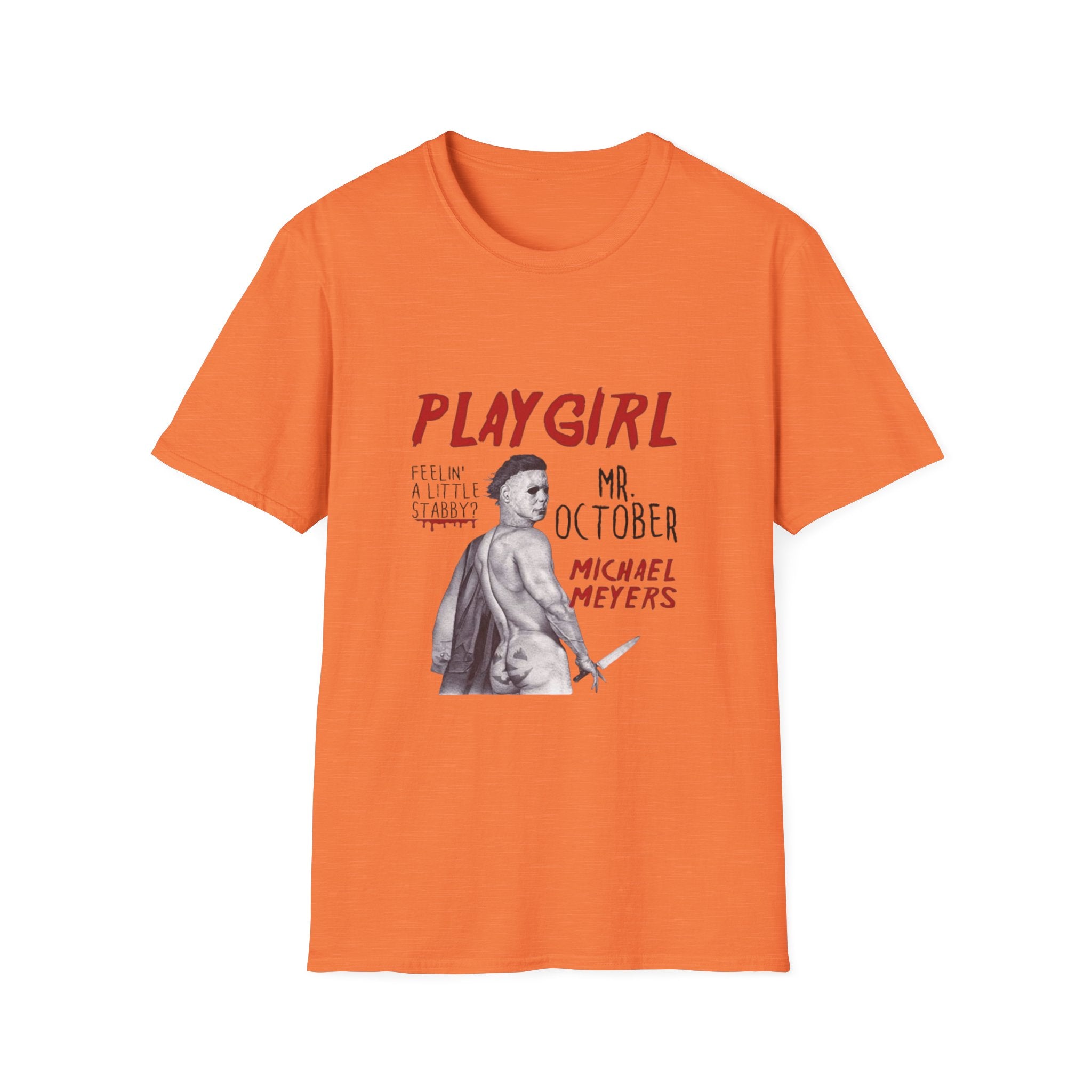 Playgirl Michael Myers T‑Shirt — 'Playgirl' Horror Movie Tee (Mr. October / Feelin' A Little Stabby?) by Printify