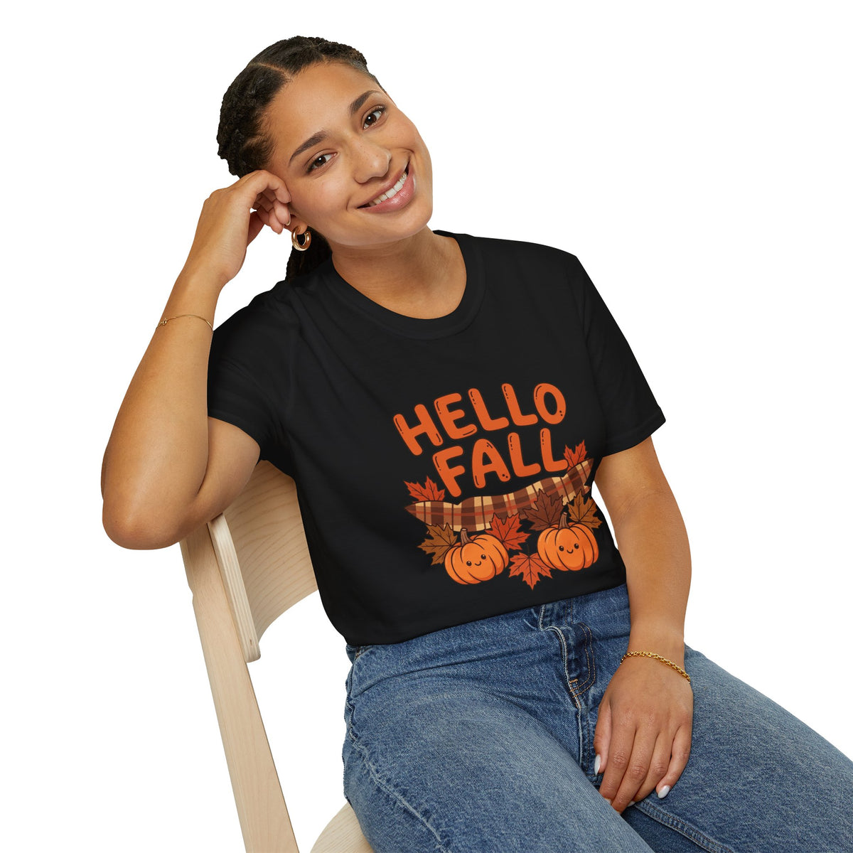 Hello Fall T-Shirt — Cute Pumpkin & Plaid Leaves Autumn Tee by Printify