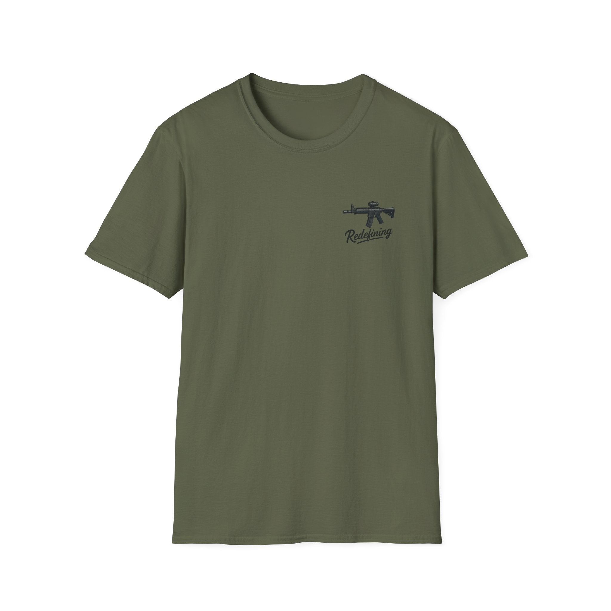 T-Shirt — 'Redefining' Rifle Graphic Pocket Tee by Printify