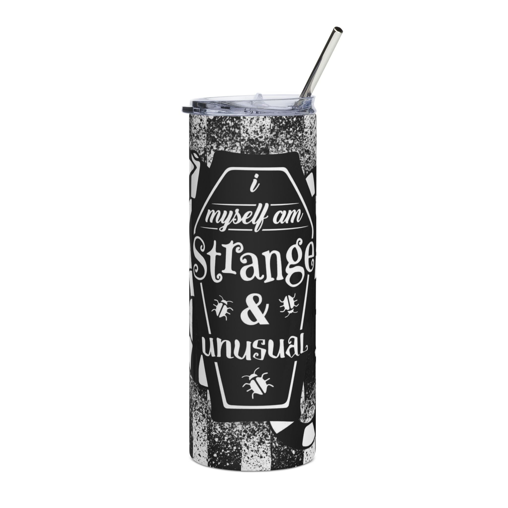 20oz Stainless Tumbler — “I Myself Am Strange & Unusual” Gothic Beetle Design by Printify