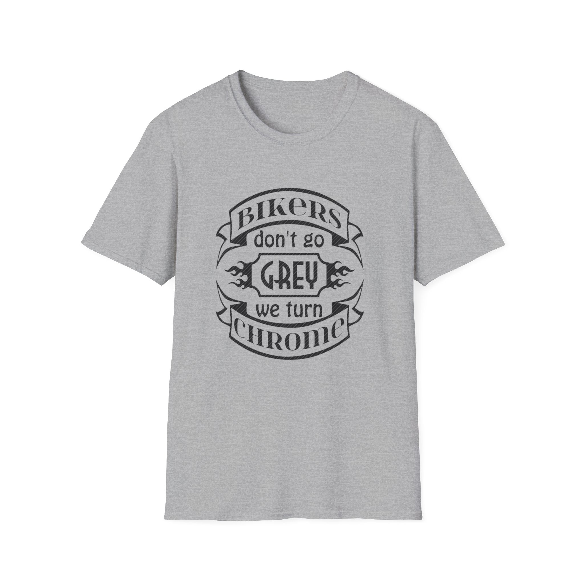 Biker T-Shirt — "Bikers Don't Go Grey, We Turn Chrome" Vintage Motorcycle Tee by Printify