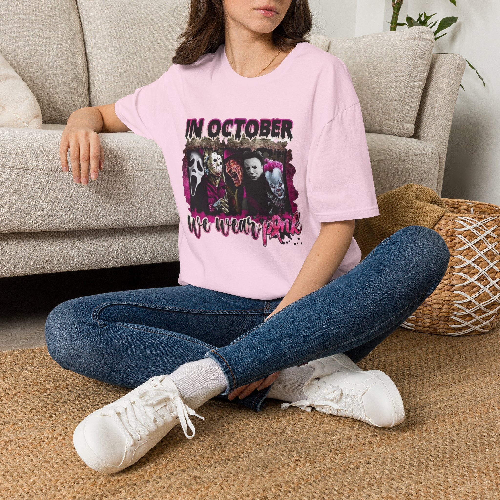 Horror Icons "In October We Wear Pink" T-Shirt by Printify