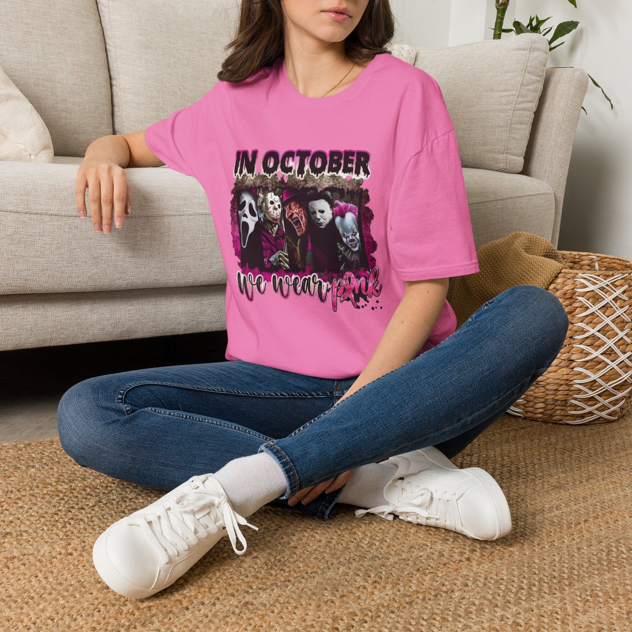 Horror Icons "In October We Wear Pink" T-Shirt by Printify