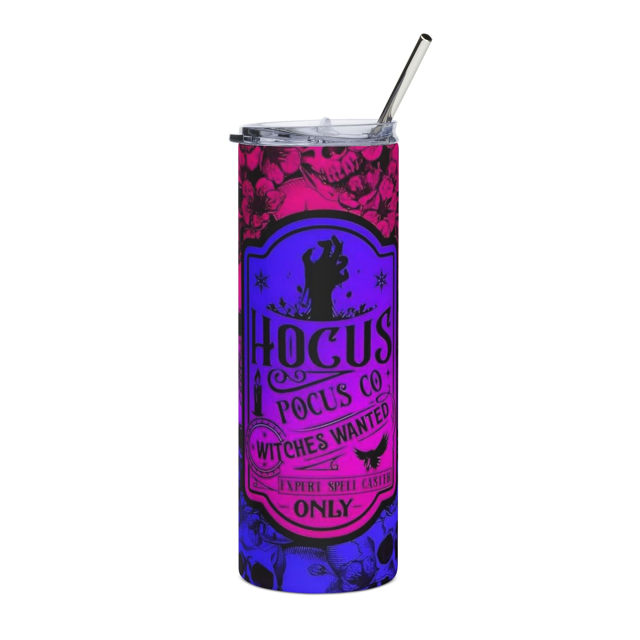 Hocus Pocus Co. 20oz Stainless Steel Tumbler – Neon Skull Witch Vibes by Printify