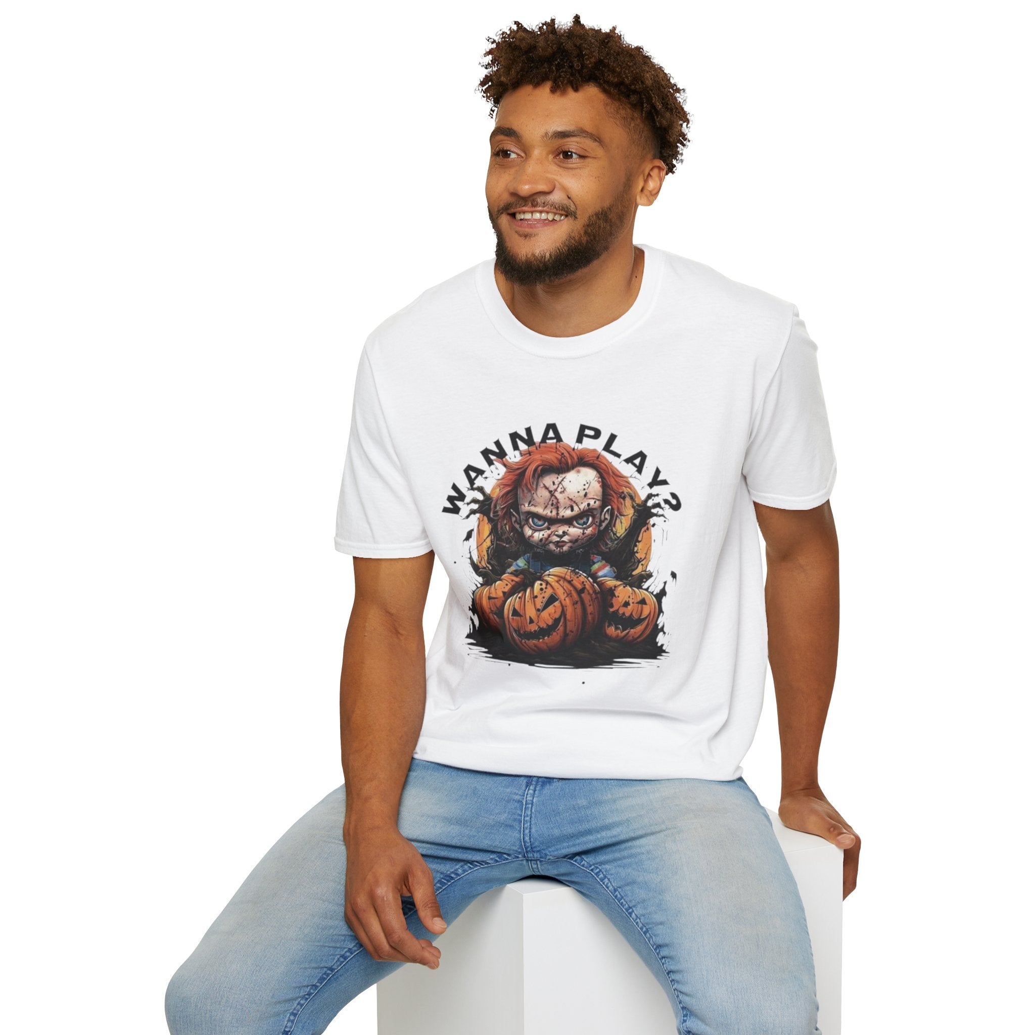 Horror Doll "Wanna Play?" T-Shirt by Printify