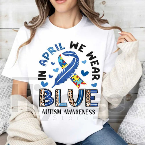 "In April We Wear Blue" Autism Awareness – Ribbon Puzzle Piece Women's Top by Hiyatee