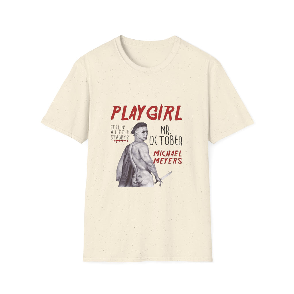 Playgirl Michael Myers T‑Shirt — 'Playgirl' Horror Movie Tee (Mr. October / Feelin' A Little Stabby?) by Printify
