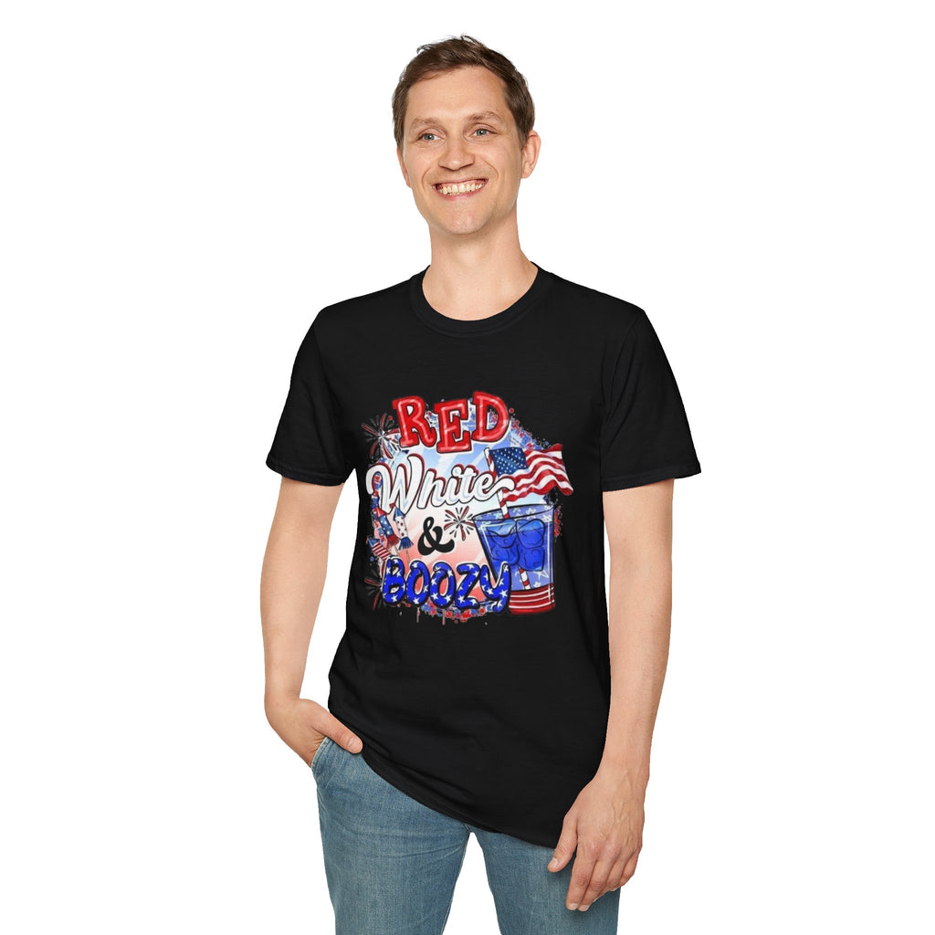 Red, White & Boozy Unisex Softstyle T-Shirt | Patriotic Tee, Independence Day Shirt, Summer Party Wear, BBQ Outfit, Casual Gift by Printify