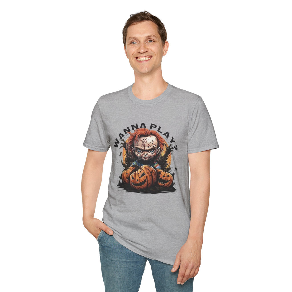 Horror Doll "Wanna Play?" T-Shirt by Printify
