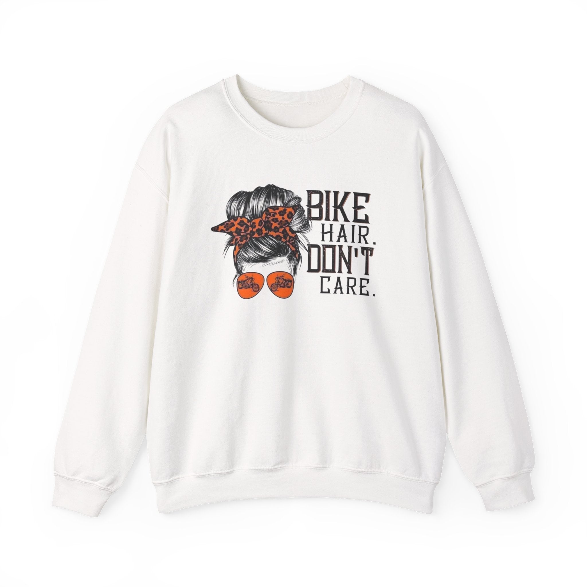Crewneck Sweatshirt — “Bike Hair Don’t Care” Biker Messy Bun Graphic by Printify
